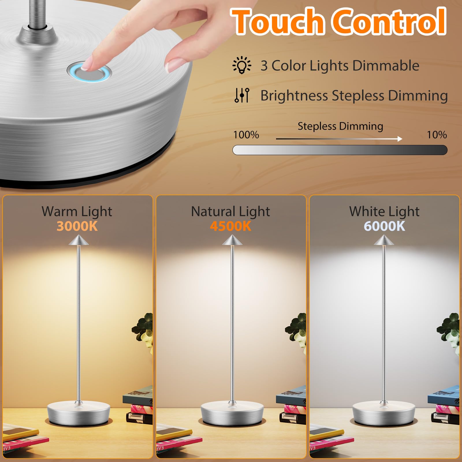 Yht Cordless Rechargeable Table Lamp, 6000Mah Outdoor Waterproof Battery Operated Table Light Led Touch Dimmable Desk Lamps For Patio Dining Restaurant Home Living Room Set Of 2 Silver