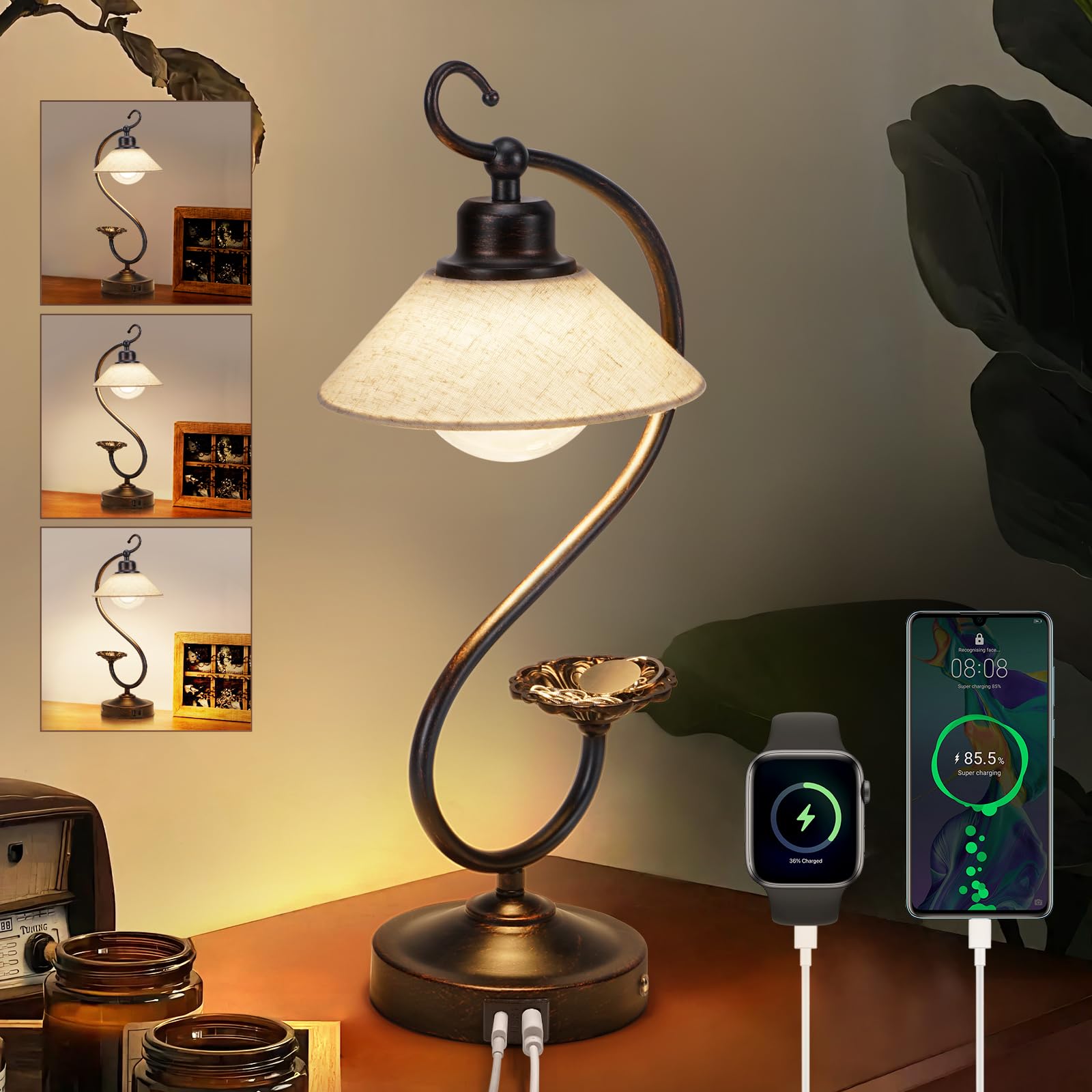 Hymela V05 Vintage Flower Table Lamp - Dimmable Nightstand Lamps With Usb C+A Charging Ports, Farmhouse Touch Bedside Lamp, Unique Small Led Lamps For Bedroom, Living Room, Entry, Dining, Entryway
