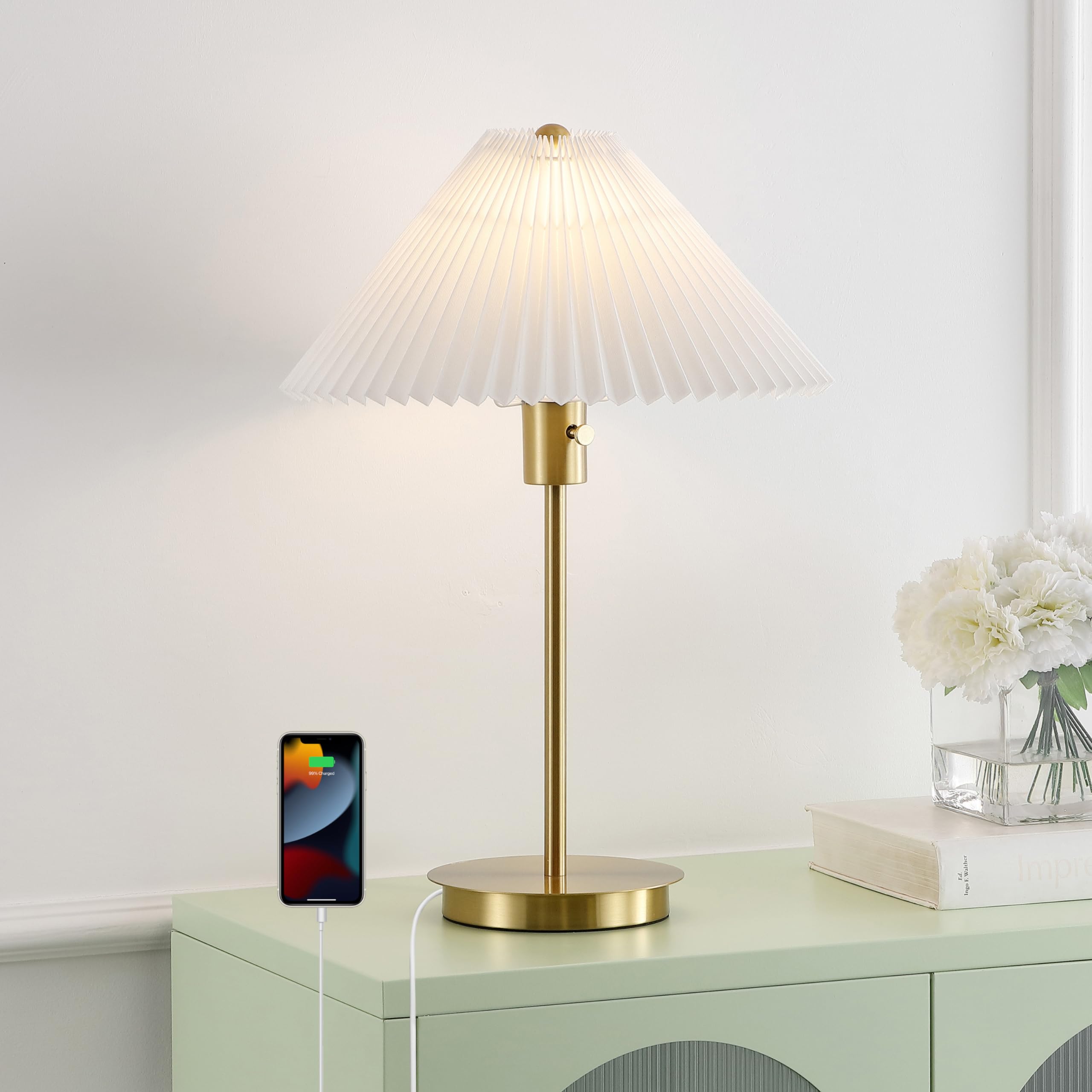 Jonathan Y Jyl1149A Freida 21.25" Modern Glam Metal Column Led Table Lamp With Usb Charging Port And Pleated Shade For Bedroom, Living Room, Office, Brass Gold/White