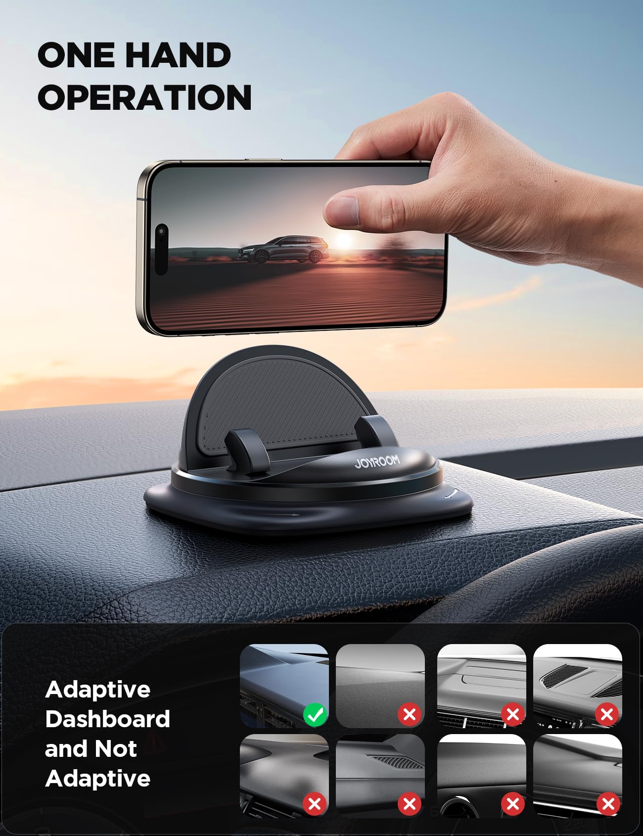 Joyroom Phone Holders For Your Car, 360° Rotatable Cell Phone Car Mount Adjustable Spring Design Dashboard Phone Mount For Car, One-Hand Operation For Iphone 16 Pro Samsung S25 All 4-7" Phones