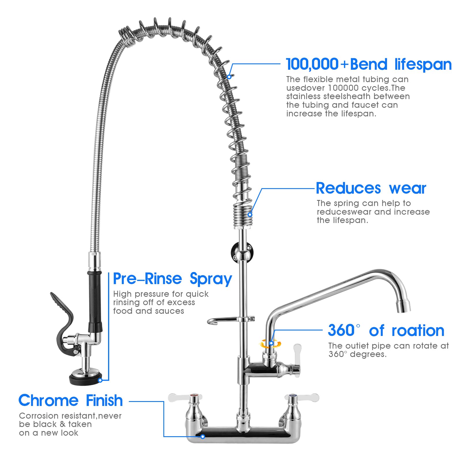 Oierzin Commercial Faucet Wall Mount With Sprayer 36" Height, 8 Inch Center Brass Constructed Wall Mount Kitchen Sink Commercial Faucet With Pull Down Pre Rinse Sprayer And 12" Add-On Spout
