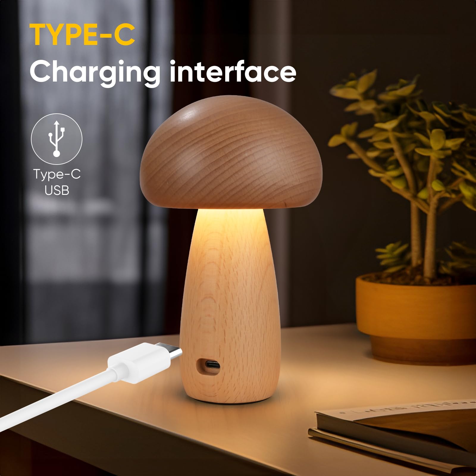Lonrisway Wooden Mushroom Lamp For Bedroom, Portable Cordless Small Rechargeable Battery Operated Lamp,Stepless Dimming, Night Light For Birthday