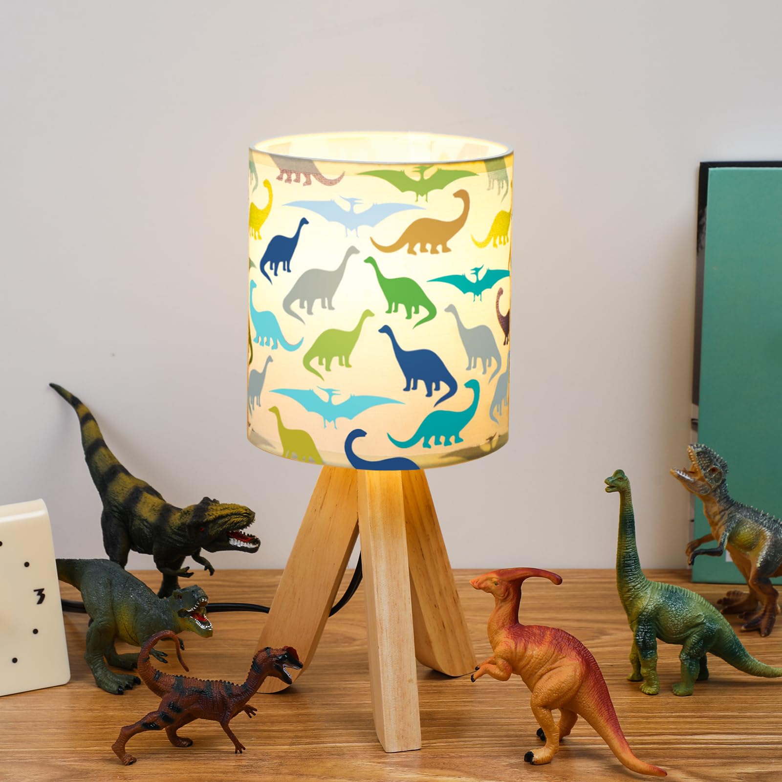 Vihose Kids Table Lamp For Bedroom Kids Bedside Lamp With Linen Wooden Nightstand Lamp Cartoon Nursery Lamp Lampshade For Girls Boys Living Room (Dinosaur)