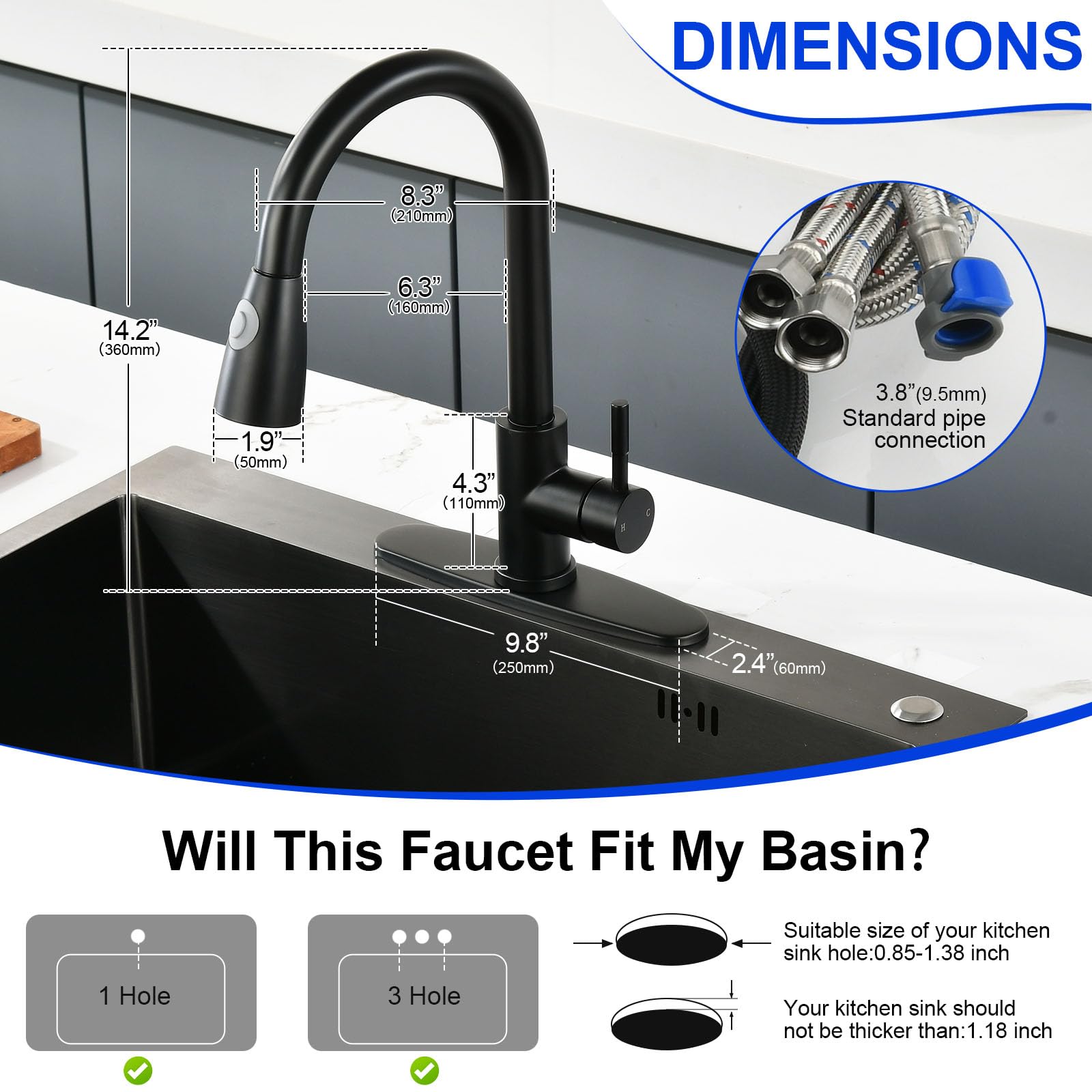 Nohalipy High Arc Matte Black Kitchen Faucet,Black Stainless Steel Kitchen Faucets,Pull Down Sprayer Faucet For Kitchen Sink,Single Handle Commercial Kitchen Faucet For Sink 1/3 Hole With Deck Plate