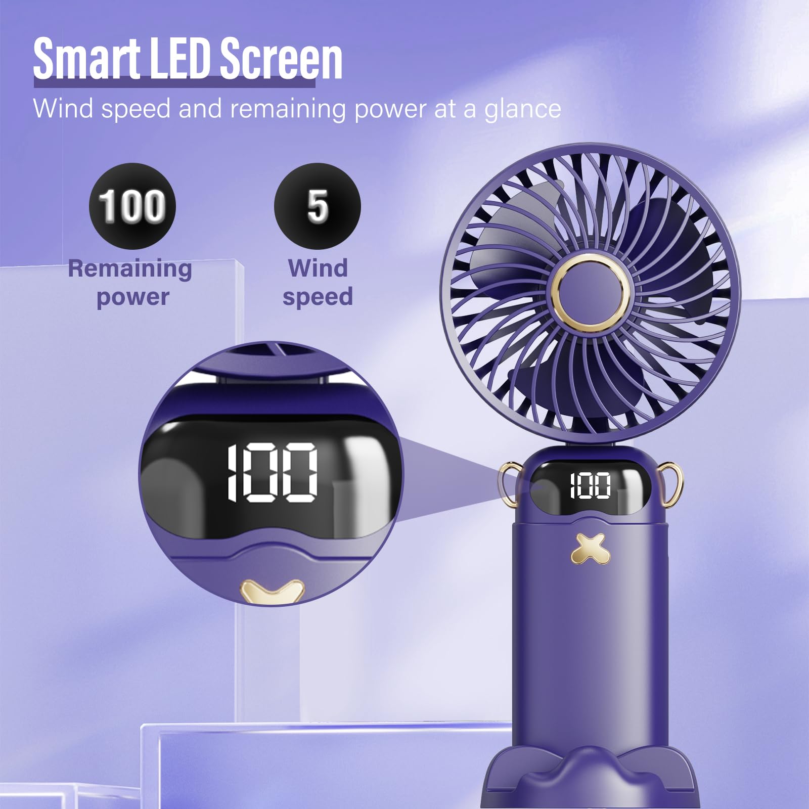 Portable Handheld Fan: 1200Mah Battery, Led Display, 3-In-1 Design (Handheld/Neck/Desk), Foldable