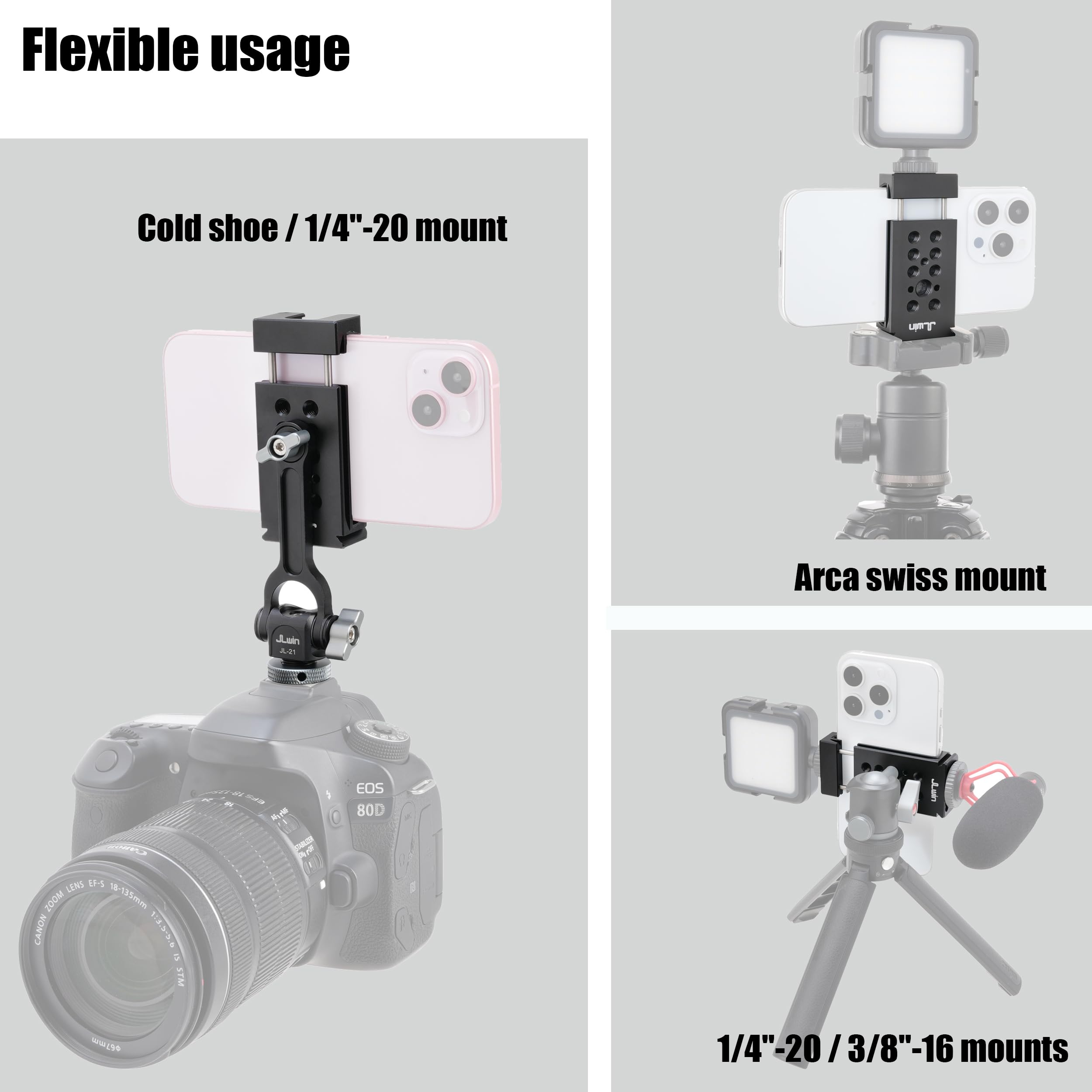 Fotga Universal 360° Rotatable Cell Phone Smartphone Support Clamp Clip Tripod Mount With Cold Shoe Adapter For Iphone 14 15 16 Samsung Etc, 2 Cold Shoe Mount 1/4" 3/8" Holes For Microphone Led Light