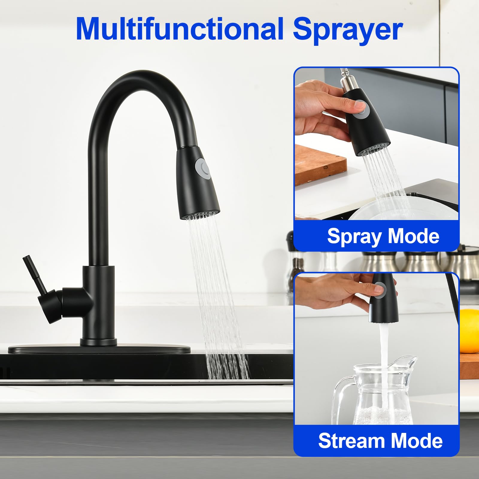 Nohalipy High Arc Matte Black Kitchen Faucet,Black Stainless Steel Kitchen Faucets,Pull Down Sprayer Faucet For Kitchen Sink,Single Handle Commercial Kitchen Faucet For Sink 1/3 Hole With Deck Plate