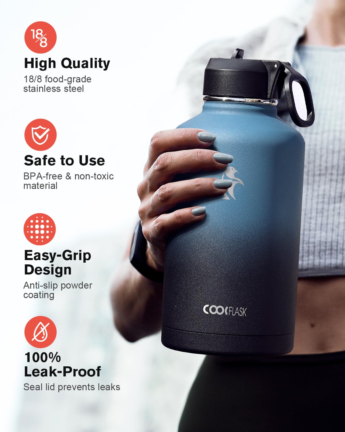 Half Gallon Water Bottle Insulated With Straw & 3 Lids, Coolflask 64 Oz Water Jug Large Metal Stain