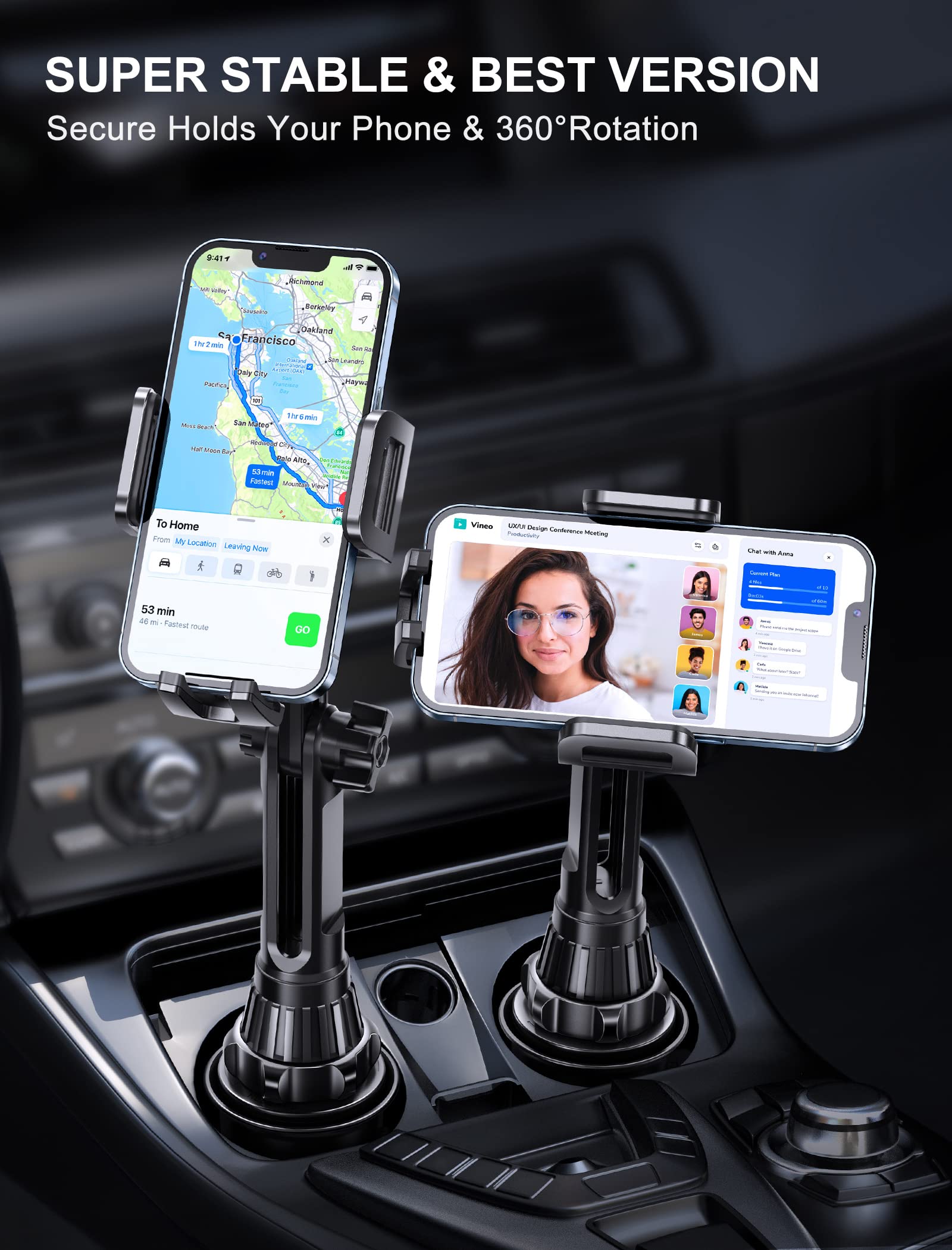 Topgo Cup Phone Mount, [Height-Adjustable Pole & Non-Shaking] Cup Phone Holder For Car, Cell Phone Cradle For Iphone 16 And All 4.0-7.0 Inches Smartphone - Black