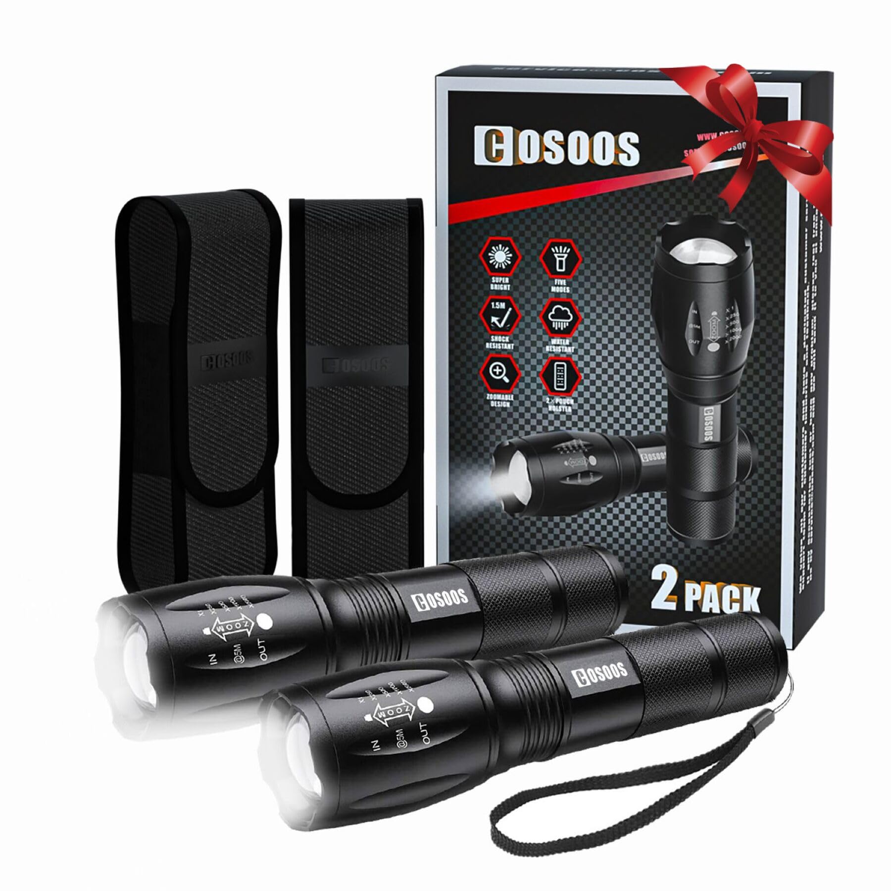 Cosoos 2 Utility Flashlights With Holsters, Bright Led Flashlight 1000 Lumen, 5 Mode Portable Zoomable Waterproof Flash Light For Hiking, Outdoor Camping Gear Essential, No Aaa Battery