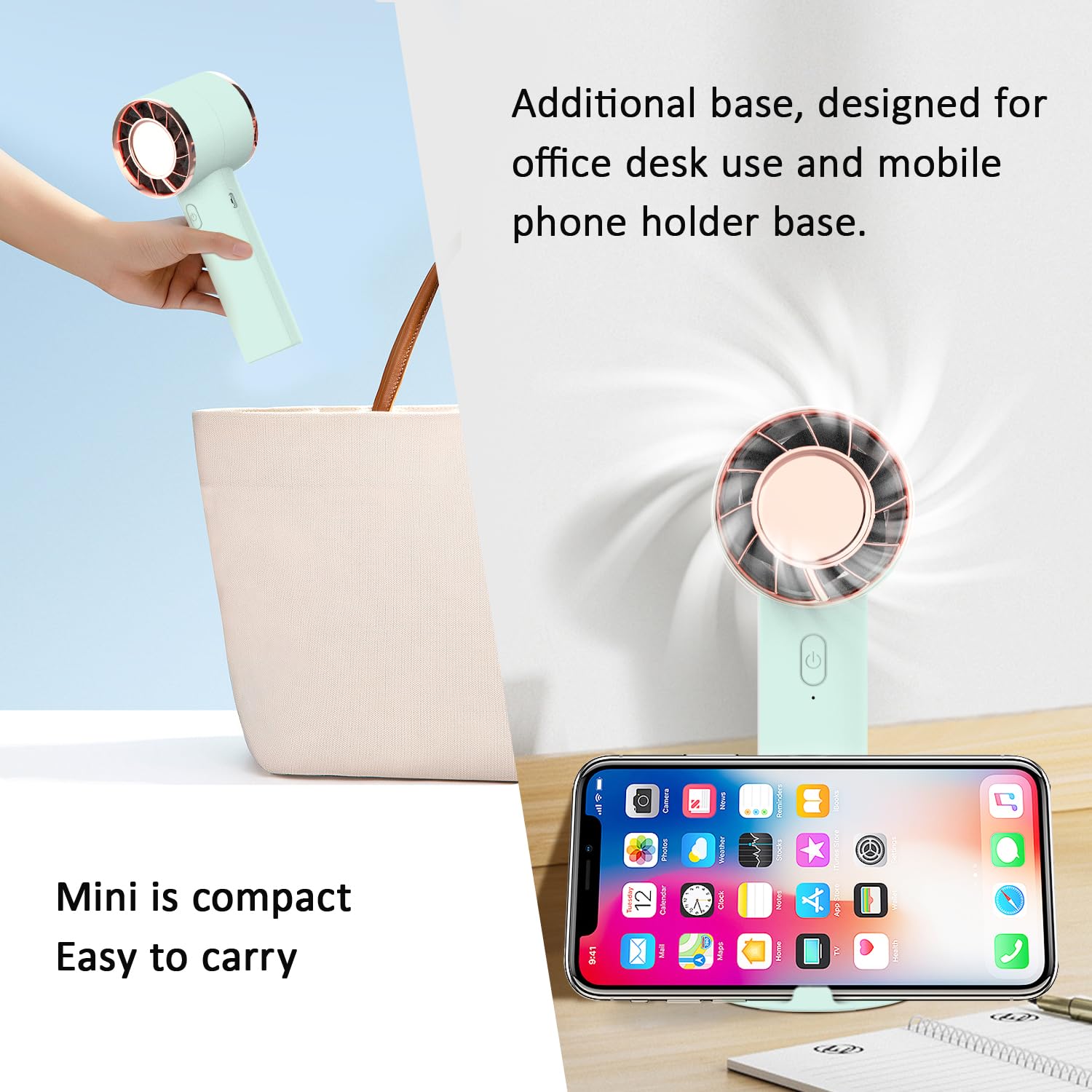 Personal Mini Electric Handheld Fan, Portable Turbo Fans With Desk Base, 2000Mah Rechargeable Batter