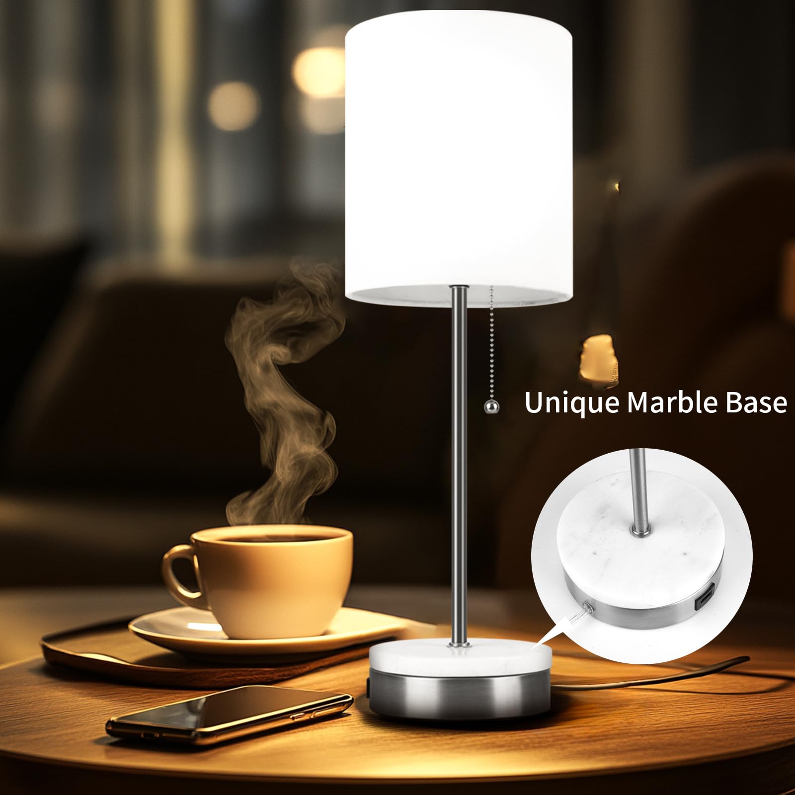 Velxee Marble Table Lamp, Bedside Lamps With Pull Chain For Bedroom, Lamp For Night Stands With Usb Ports And Square Shade For Living Room Home Decor, Bulb Included