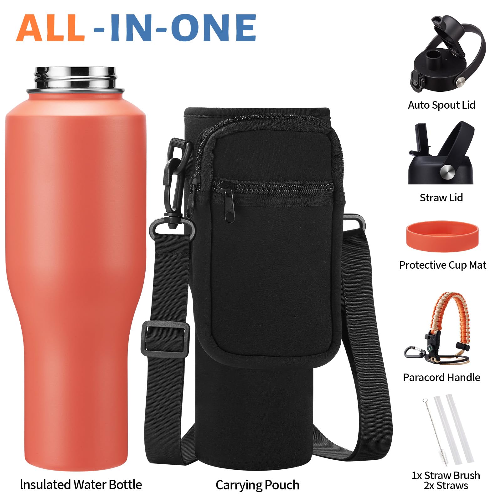Insulated Water Bottle 40 Oz With Straw - Stainless Steel Tumbler W/Paracord Handle, Straw Lid