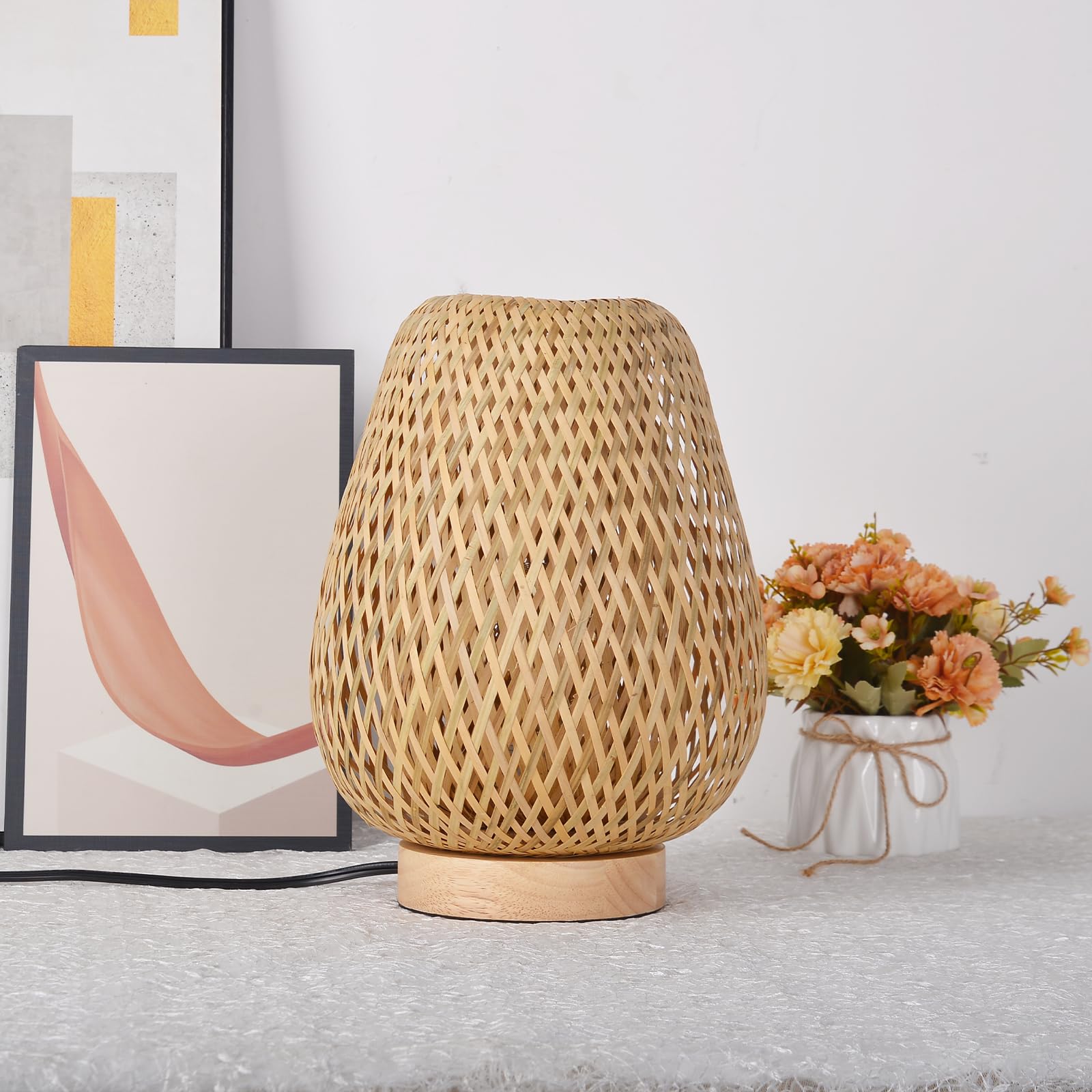 Walmhomie Handmade Boho Bamboo Table Lamp Wicker Woven Plug-In Desk Lamp, Boho Table Lights For Bedrooms Bedside Reading Light For Home Decor, 7.87''X11.81''