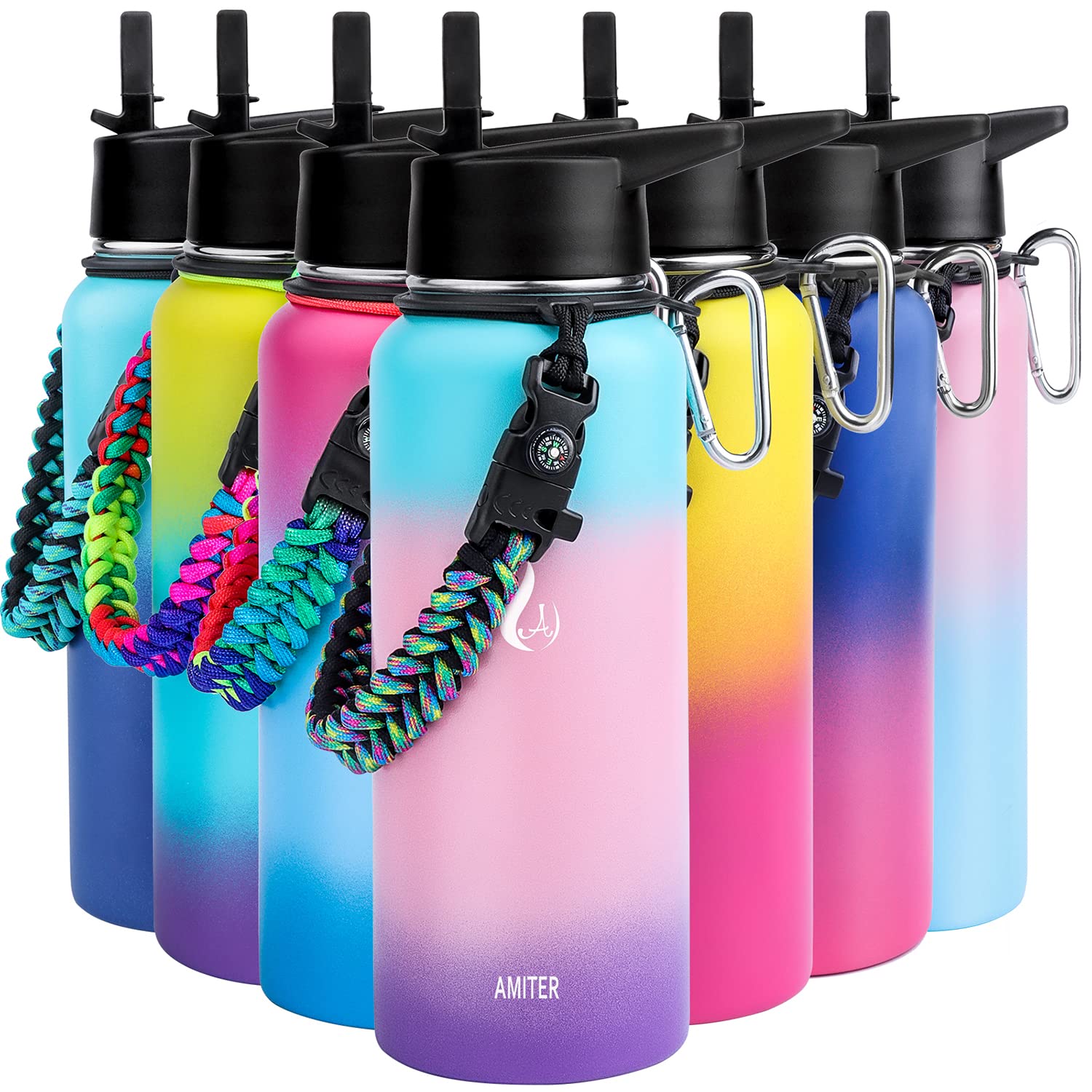 Amiter 32Oz Insulated Bottle With Straw & Spout Lid, Wide Mouth Stainless Steel Water Bottles