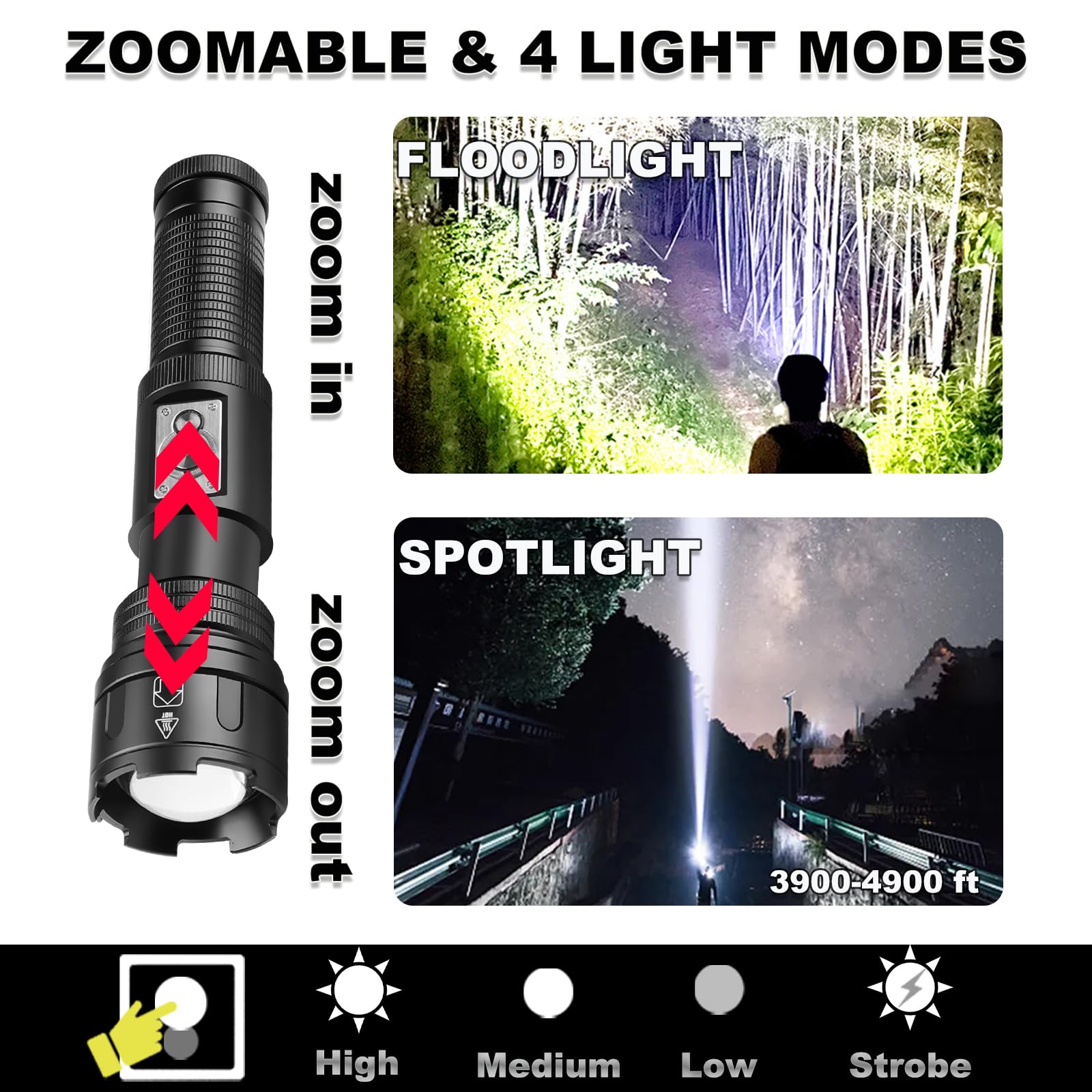 Bufccy Rechargeable Flashlights High Lumens, Waterproof Led Tactical Handheld Flashlight 990000 Lumens Super Bright Flash Light With Cob Camping Flashlights For Home, Hiking, Fishing, Emergencies