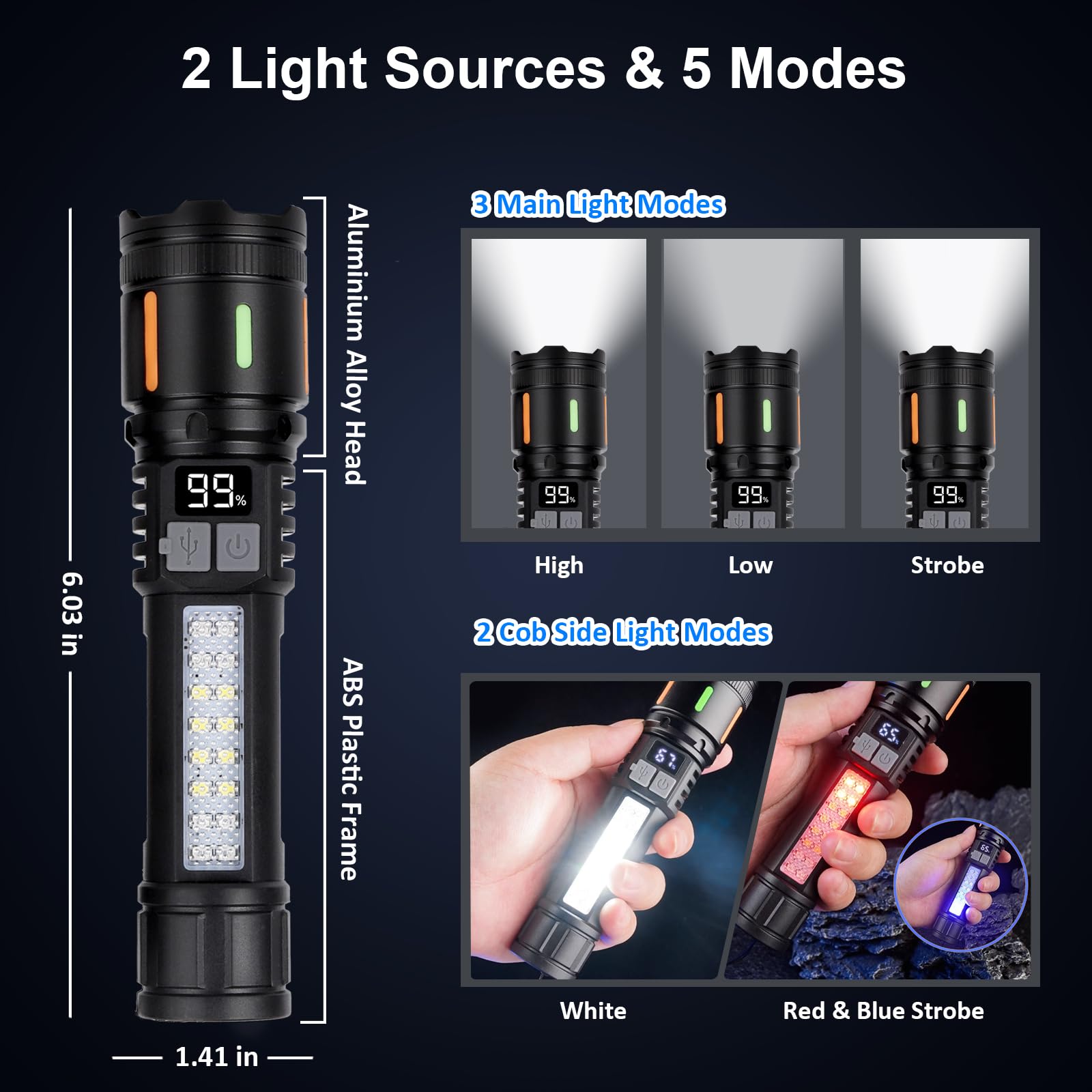 Ewenele Flashlights High Lumens Rechargeable 3 Packs, 990,000 Lumen Led Flashlight Battery Powered With 5 Light Modes, Side Light, Usb C, Waterproof, Zoomable, Blue & Red Strobe, Handheld Flash Lights