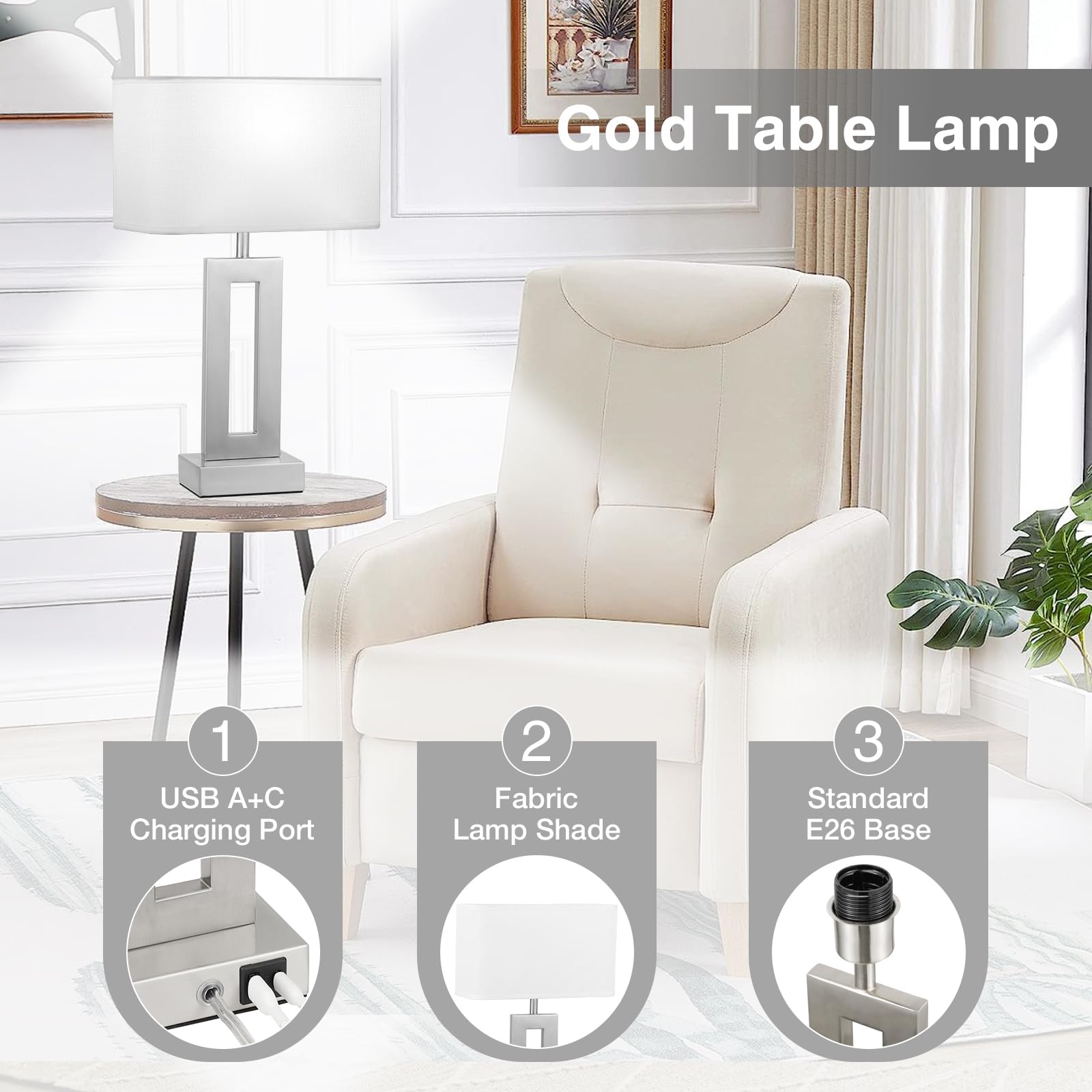 Seealle Bedroom Table Lamps Set Of 2 - White Silver Touch Bedside Lamps With Usb C+A, 3 Way Dimmable Gold Lamp For Nightstand, Modern Night Stands Lamps For Living Room End Tables