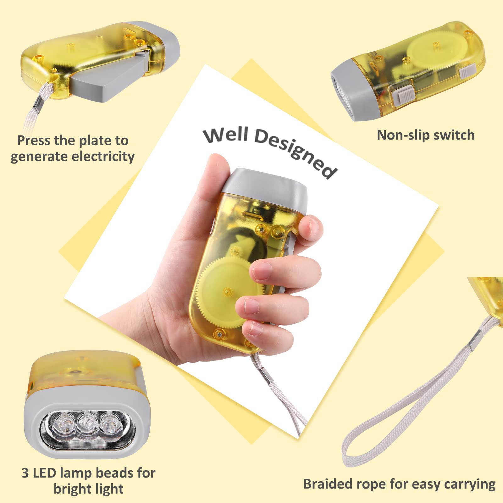 Bfvv Hand Crank Emergency Flashlight, Squeeze Wind-Up Flashlight For Kids And Adults Camping, Outdoor Sports, Hiking, No Battery Require (4 Pack)