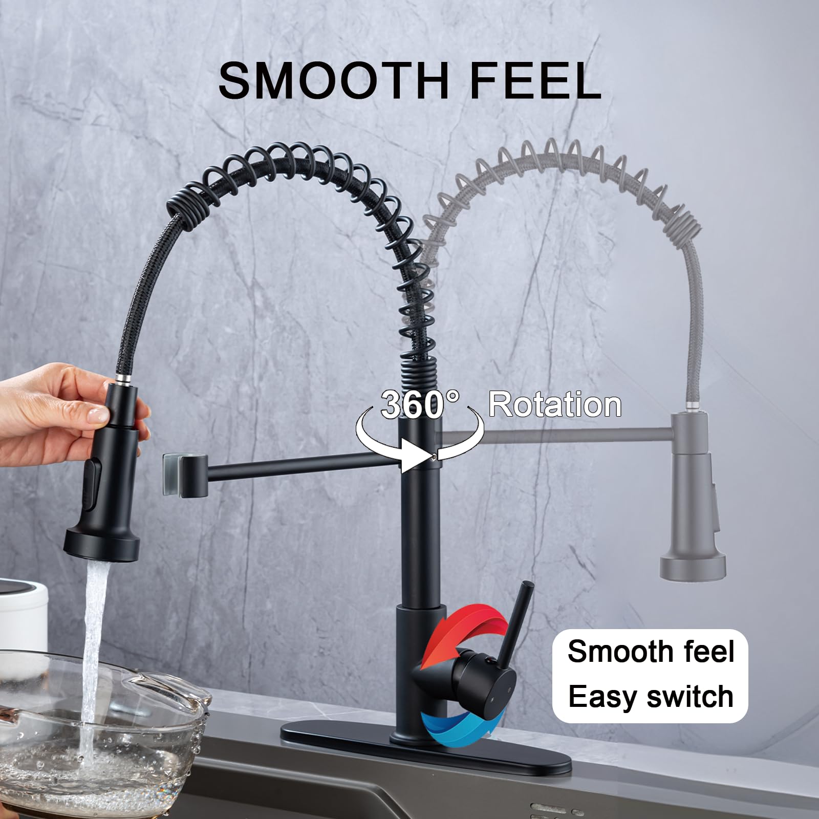 Peicual Kitchen Faucets With Pull Down Sprayer, Matte Black Commercial Sink Faucet, Solid Brass Spring Design, 10-Inch Deck Plate For 1 Or 3-Hole Installation