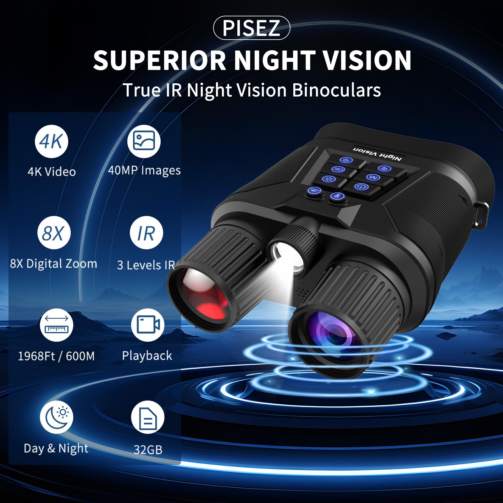 Pisez Night Vision Goggles - 4K Night Vision Binoculars For Adults With 8X Digital Zoom,32Gb Tf Card For Photos And Videos- For Hunting & Camping