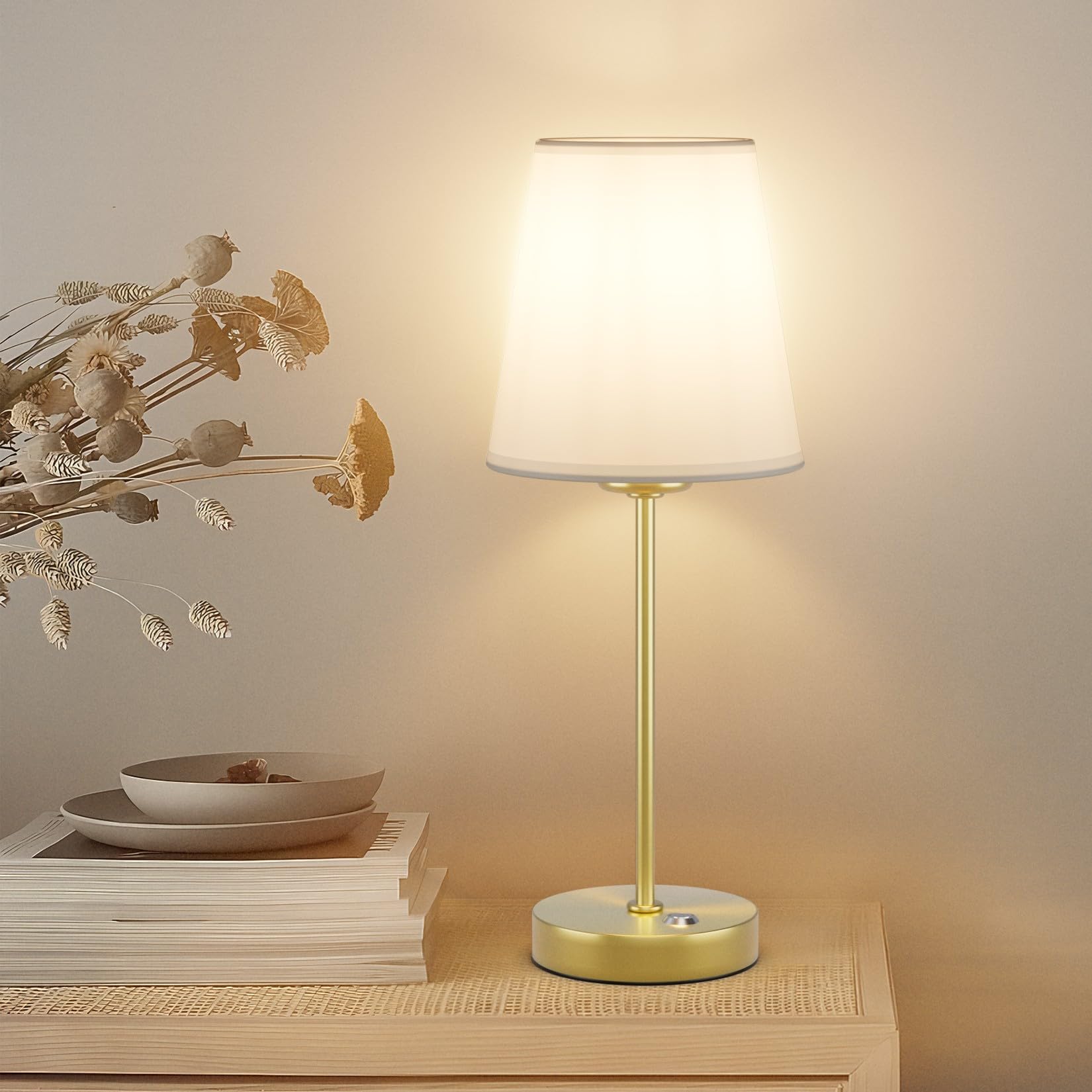 Irotine 2 Pack Gold Cordless Fabric Table Lamps With 6W Bulb And Dimmer, 6000Mah Rechargeable Battery Powered Table Lamp, Stepless Dimmable Outdoor Patio Table Lamps, Bedside Desk Night Lamps