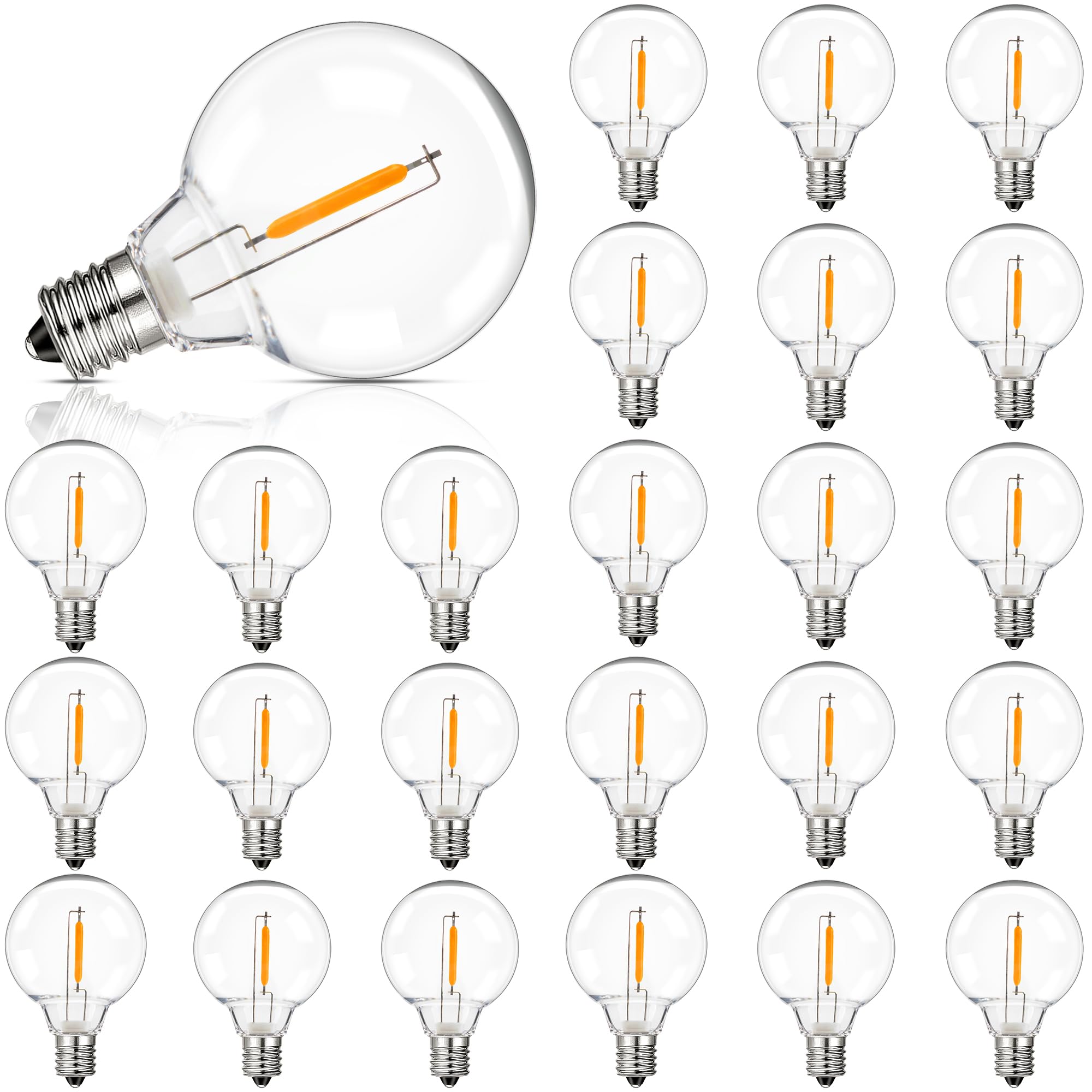 Guangyue G40 Led Solar Replacement Bulbs,1W Equal To 5W, Plastic E12 Screw Base Shatterproof & Waterproof Globe Bulbs Light For Outdoor String Lights,Patio Cafe Bistro Decor, Dc 3V,2700K Warm White,25 Pack