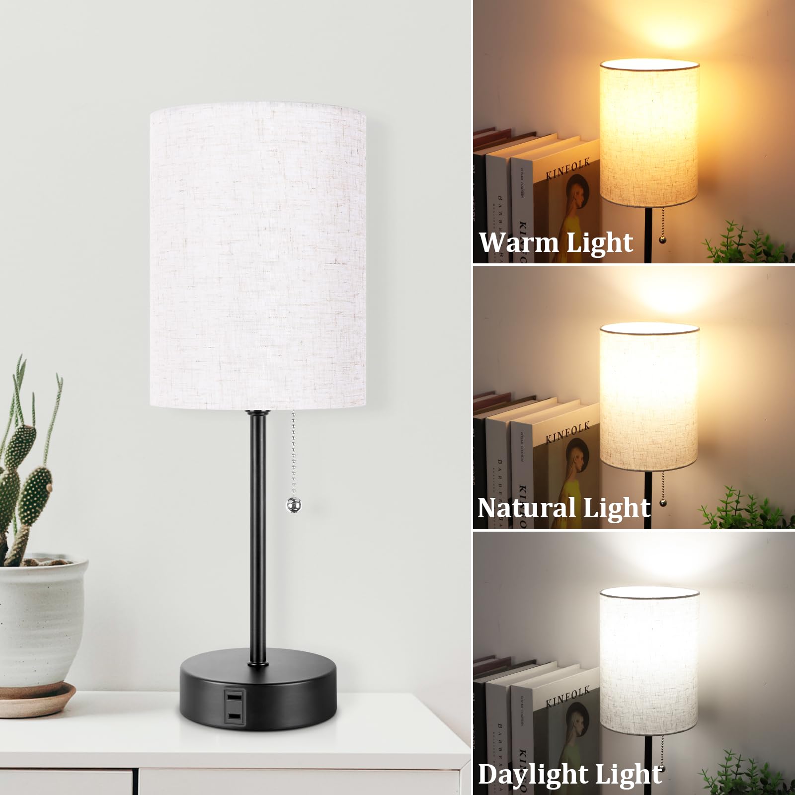 Dott Arts Bedside Lamps For Bedrooms Set Of 2, Table Lamps For Nightstand With 3 Color Modes 2700K-5000K, Ac Outlet, Nightstand Lamp Night Lamp For Living Room/Reading Room