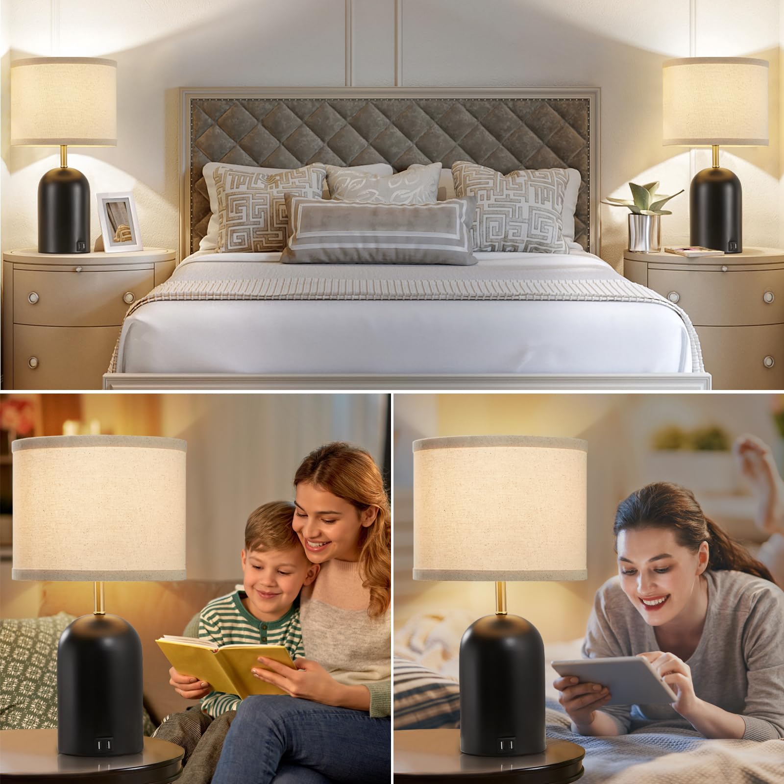 Gyrovu Touch Control Table Lamps Set Of 2, Modern Bedside Lamp With 2 Usb Ports, 3-Way Dimmable Gold And Black Nightstand Lamp With Fabric Shade For Living Room Bedroom Office Dorm(Led Bulbs Included)