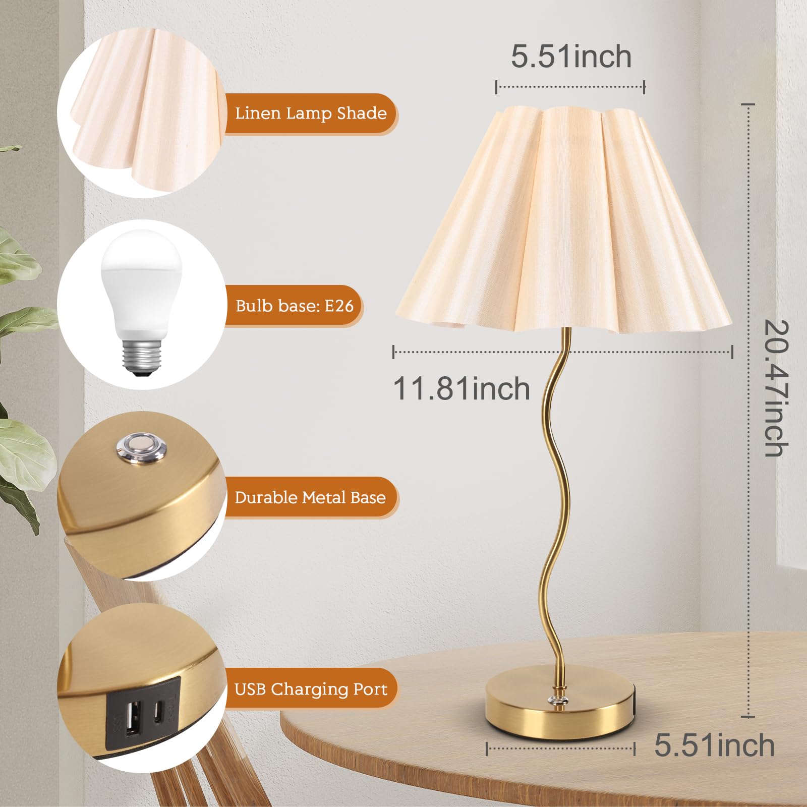 Eidearay Table Lamp For Bedroom, Modern Table Lamp With Touch Dimmable And Pleated Beige Lampshade, Gold Bedside Tables Lamp With Usb C+A Charging Ports For Bedroom Living Room Home Office