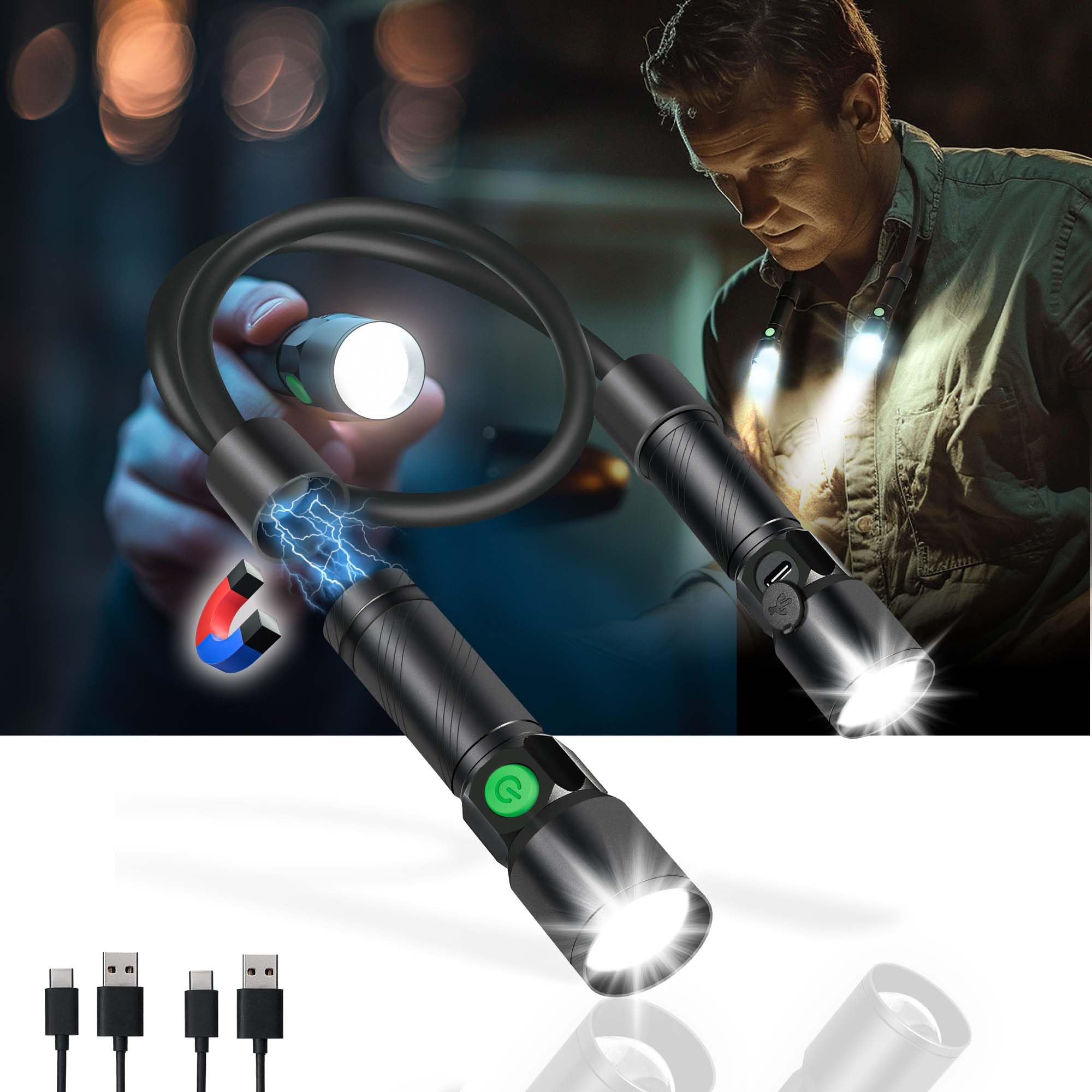 Clakap Led Neck Light, 1800Lumens Rechargeable Neck Flashlight With Magnetic Base, Detachable Neck Work Light With Zoomable Flashlight, Flexible Around Mechanic Neck Lamp For Car Repairing Reading