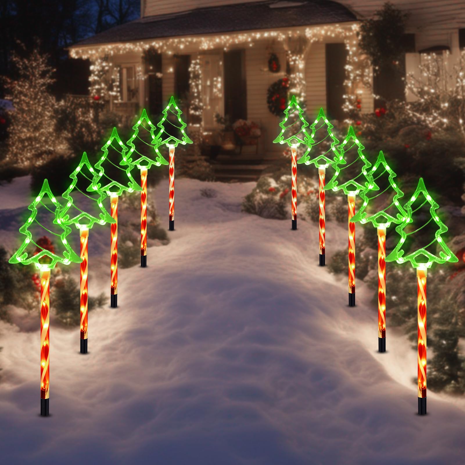 Brightdeck Solar Christmas Pathway Lights Outdoor Decorations, 8 Modes Xmas Tree Candy Lights Waterproof Led Garden Stake Lights For Walkway Yard Lawn Porch Holiday Decor 5-Pack