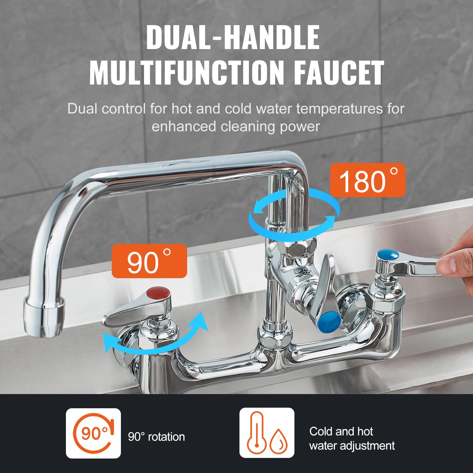 Vevor Commercial Faucet With Pre-Rinse Sprayer, 21" Height, 8" Center, 12" Swing Spout, Wall Mount Kitchen Sink Faucet, Brass Constructed Device With Pull Down Spray, For 1/2/3 Compartment Sink