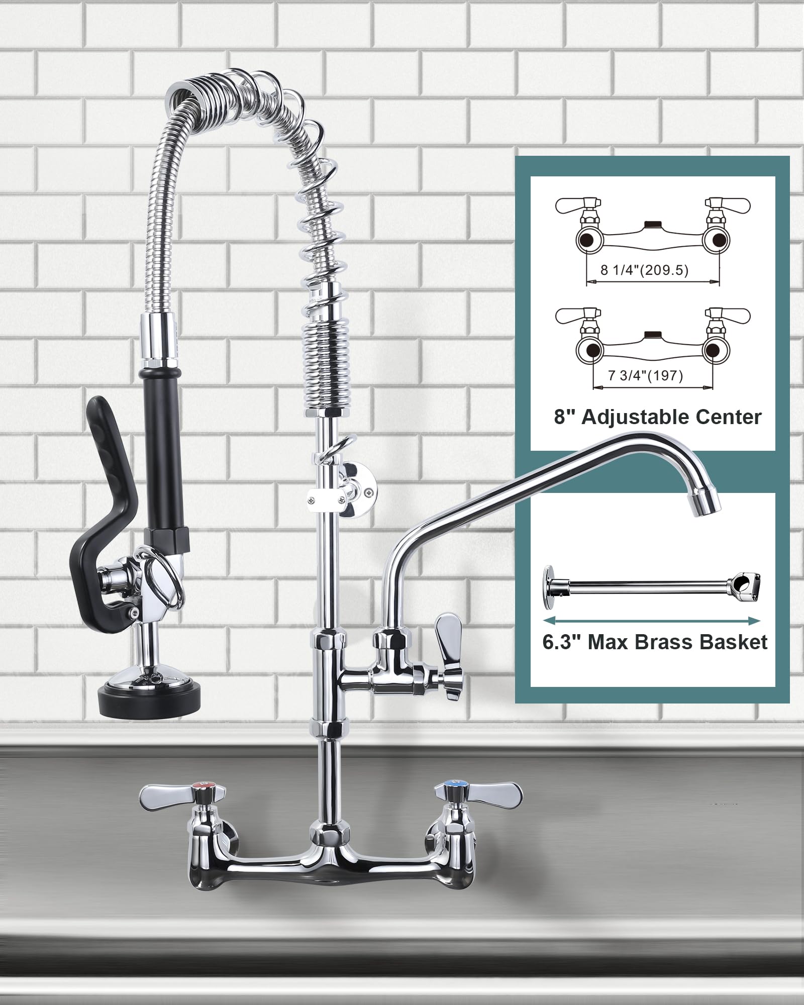 Aleasha 25" Height Commercial Faucet Wall Mount With Sprayer 8" Adjustable Center 9.6" Swing Spout, Kitchen Sink Faucet With Pull Down Pre-Rinse Sprayer For Restaurant Industrial Kitchen, Chrome
