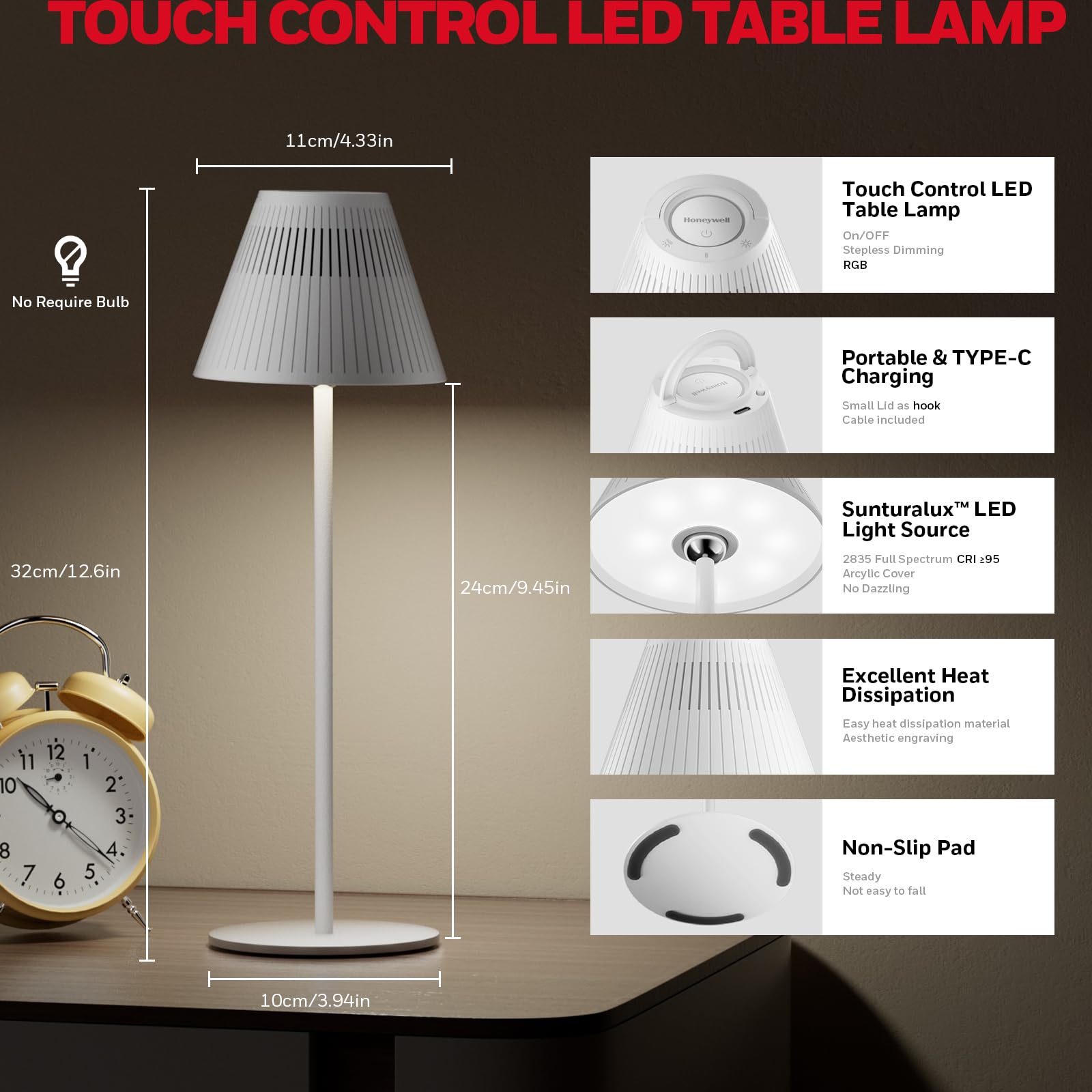 Honeywell Rechargeable Table Lamps, Led Cordless Lamp With 5200Mah Battery Operated Portable M1 Sunturalux Dimmable 4Color 9Rgb Touch Control Bedside Night Light For Patio Restaurant Home Dinner Dining Kitchen
