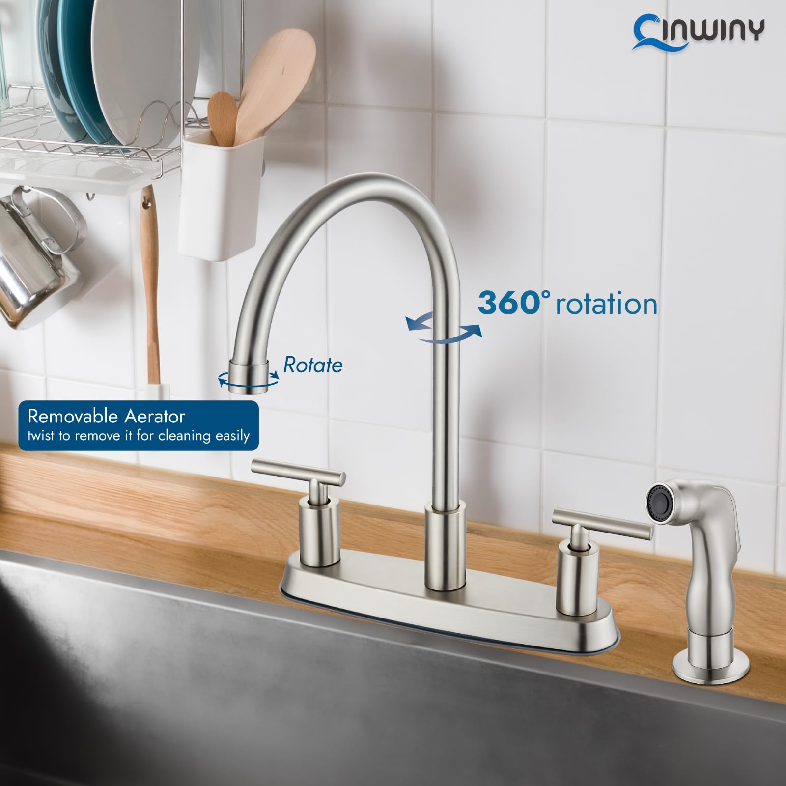 Cinwiny Kitchen Faucets,High Arc 360°Rotating Spout Kitchen Sink Faucet 2 Handle 8 Inch Centerset Rv Kitchen Faucet With Supply Lines,3 Hole Kitchen Faucet With Side Sprayer, Brushed Nickel