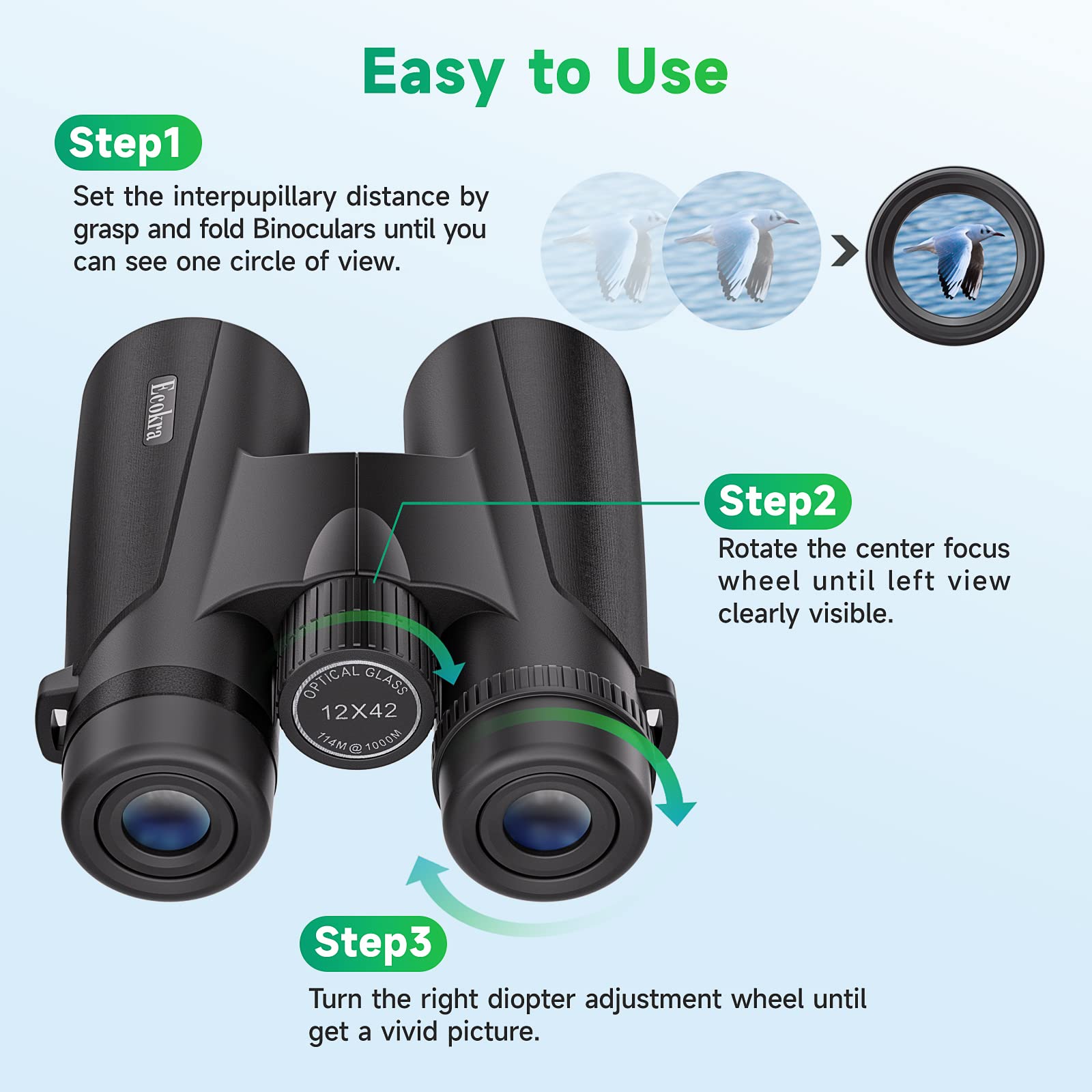 Ecokra 12X42 Hd Binoculars - Adults' High Power Binoculars With Tripod Phone Adapter, Waterproof Compact, Ideal For Bird Watching, Hunting, Stargazing - Clear Low Light Night Vision, Bak4, Fmc Prisms
