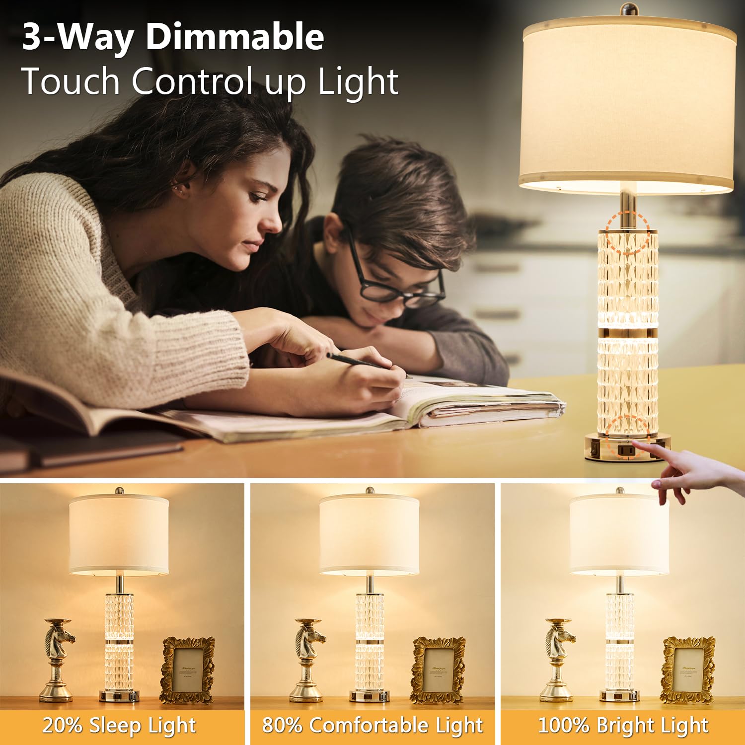 Saiweya Crystal Table Lamps Modern 3-Way Dimmable Bedside Lamp With 2 Usb Ports & Ac Outlets For Living Room Bedroom Nightstand Lamp Night Light (Silver-2 Pack)