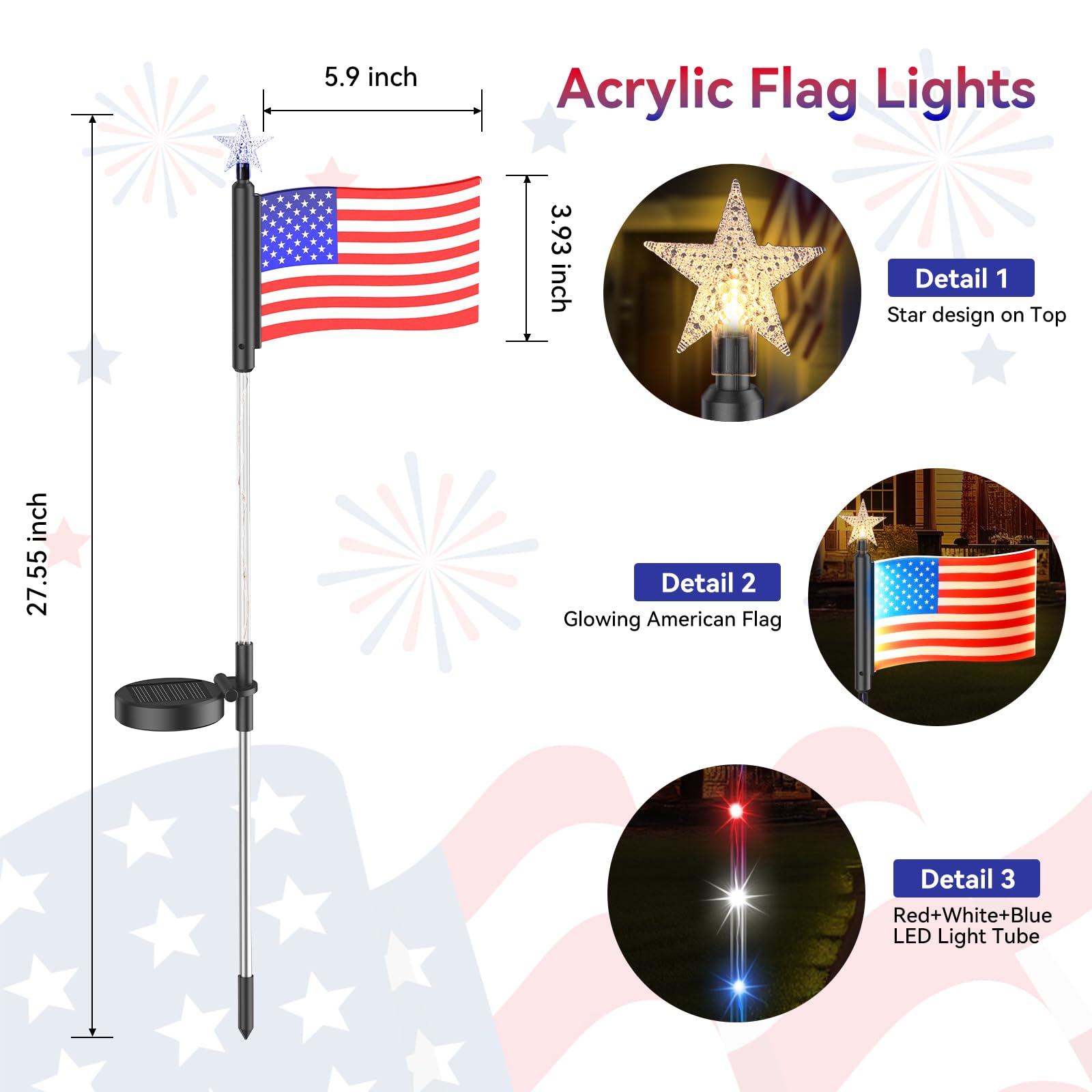 E-Kong 4 Pack Led American Flags Solar Lights, Glowing Acrylic Solar American Flags Outdoor Waterproof, Red White Blue Lights With 12 Led, Long Lasting American Flags Solar Lights For Outside