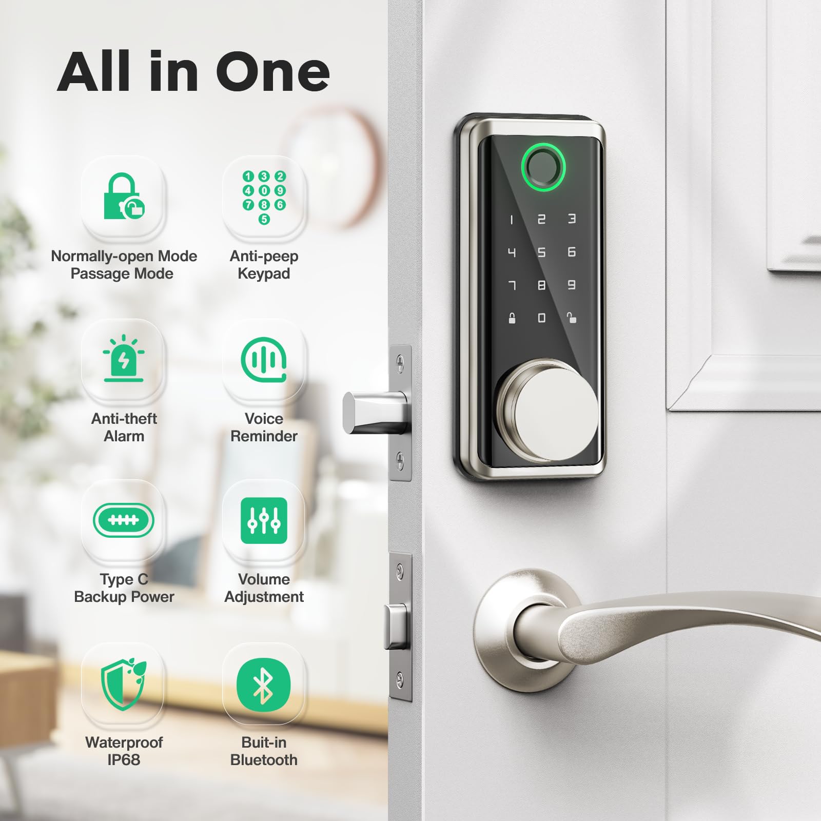 Sophia Keyless Entry Door Lock, Smart Auto Locks For Front Door & Key Fobs & Remote Control, Keypad Deadbolt Digital, Fingerprint Door Lock With Code, Cerraduras Inteligentes, Ip68, Satin Nickel