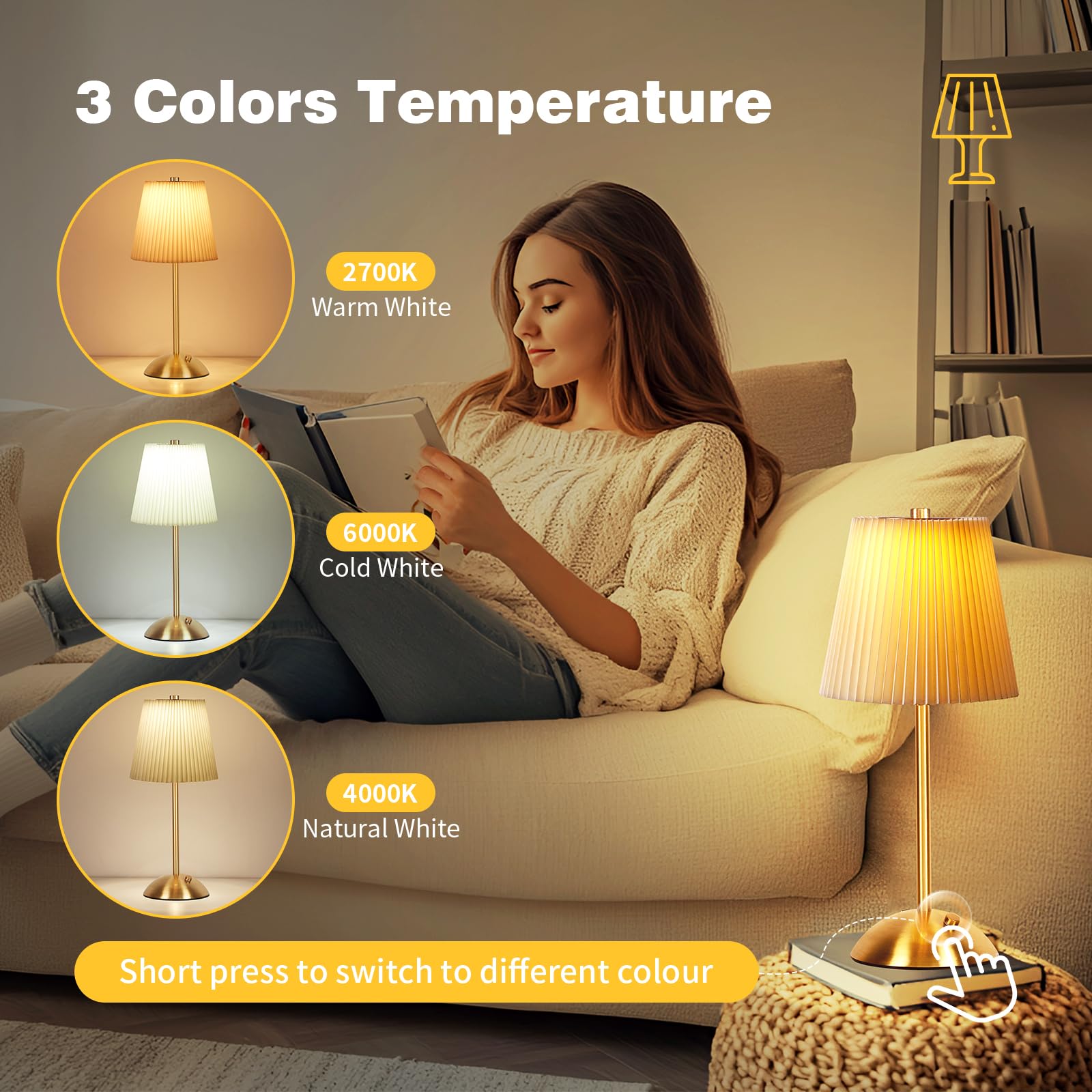 Fsaox Portable Cordless Table Lamp, Fabric Shade Desk Lamps, 3000Mah Rechargeable Battery Operated Light, 3Color Dimmable Touch Lamp For Dining Room, Living Room, Bedroom, Bedside, Kitchen, Bathroom (Brass)