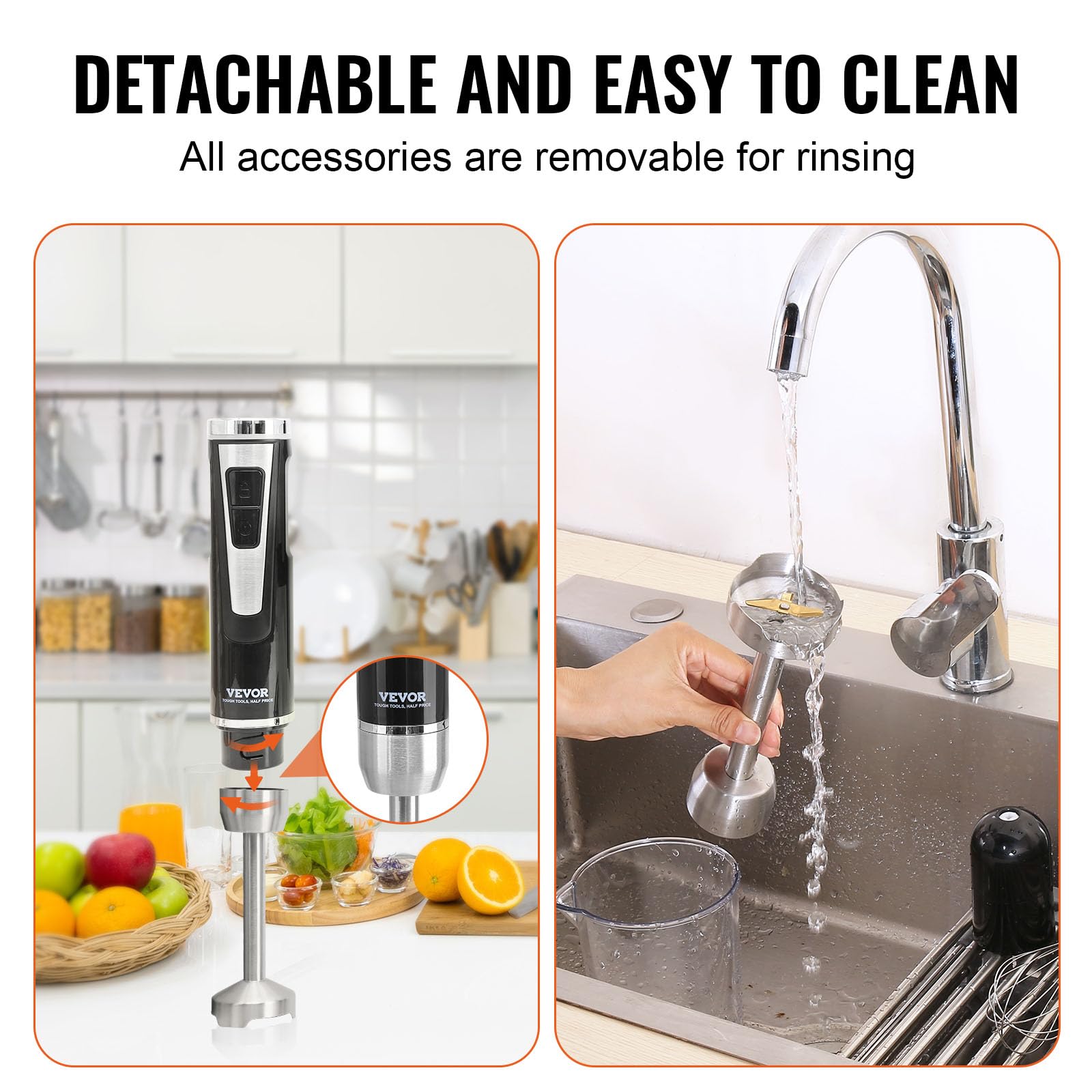 Vevor Hand Blender, 8 Variable Speeds Immersion Blender, Stainless Steel Blade Copper Motor Hand Mixer, Usb Charging Cable Multi-Purpose Easy Control Grip Stick Mixer