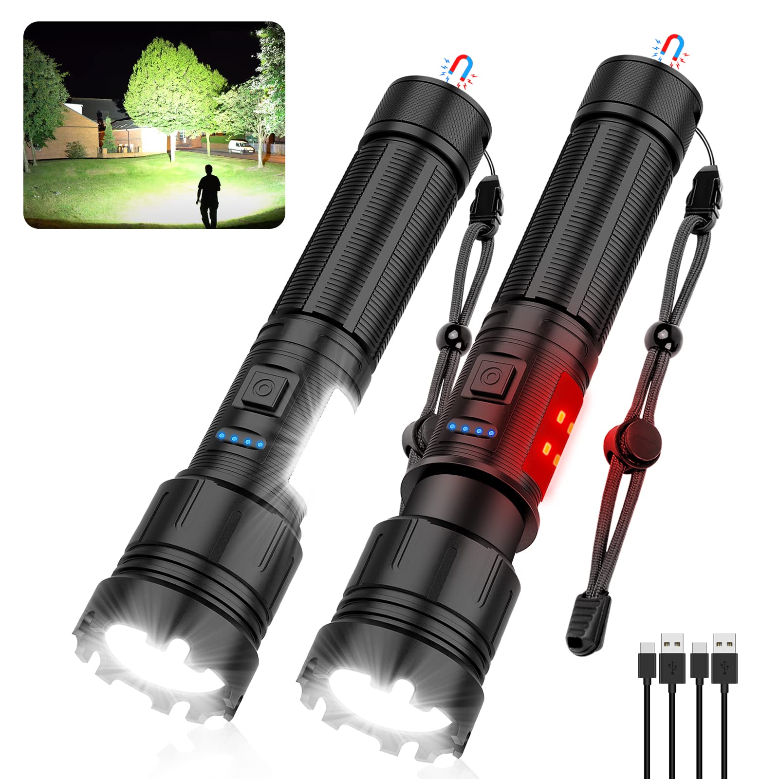 Morezra Magnetic Flashlight Rechargeable 10000 High Lumens, Super Bright Magnetic Base Led Pocket Flash Light With Cob Light, Type-C, 7 Modes, Zoomable, Ipx6 Waterproof Best Tactical Flashlights For Camping