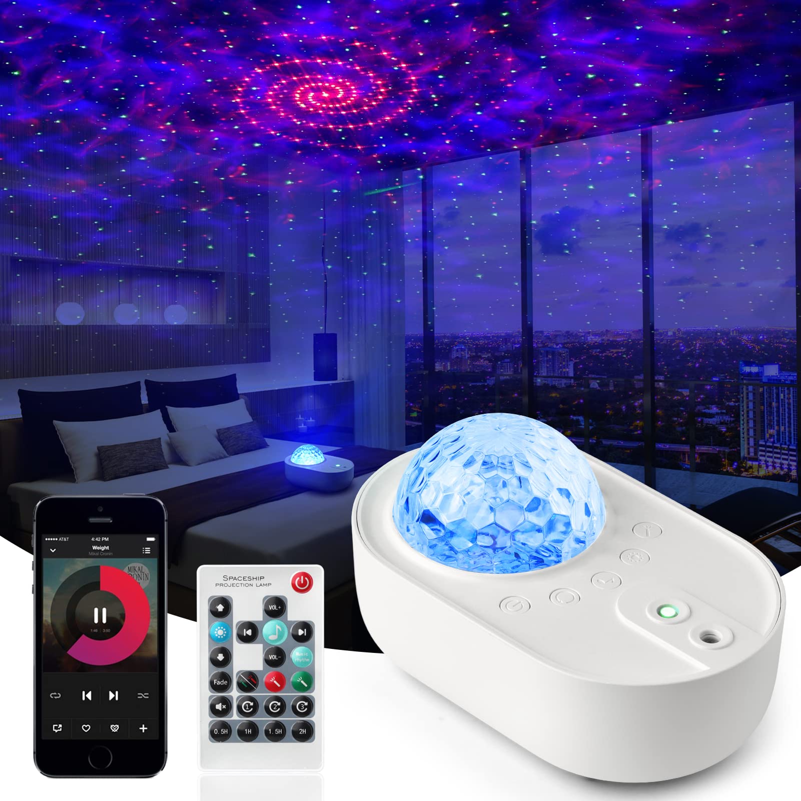 Syounda Star Projector 3 In 1 Galaxy Night Light Projector With White Noise And Bluetooth Speaker For Home Bedroom Decor, Remote Control, Christmas Birthday  For Kids Women Man - White