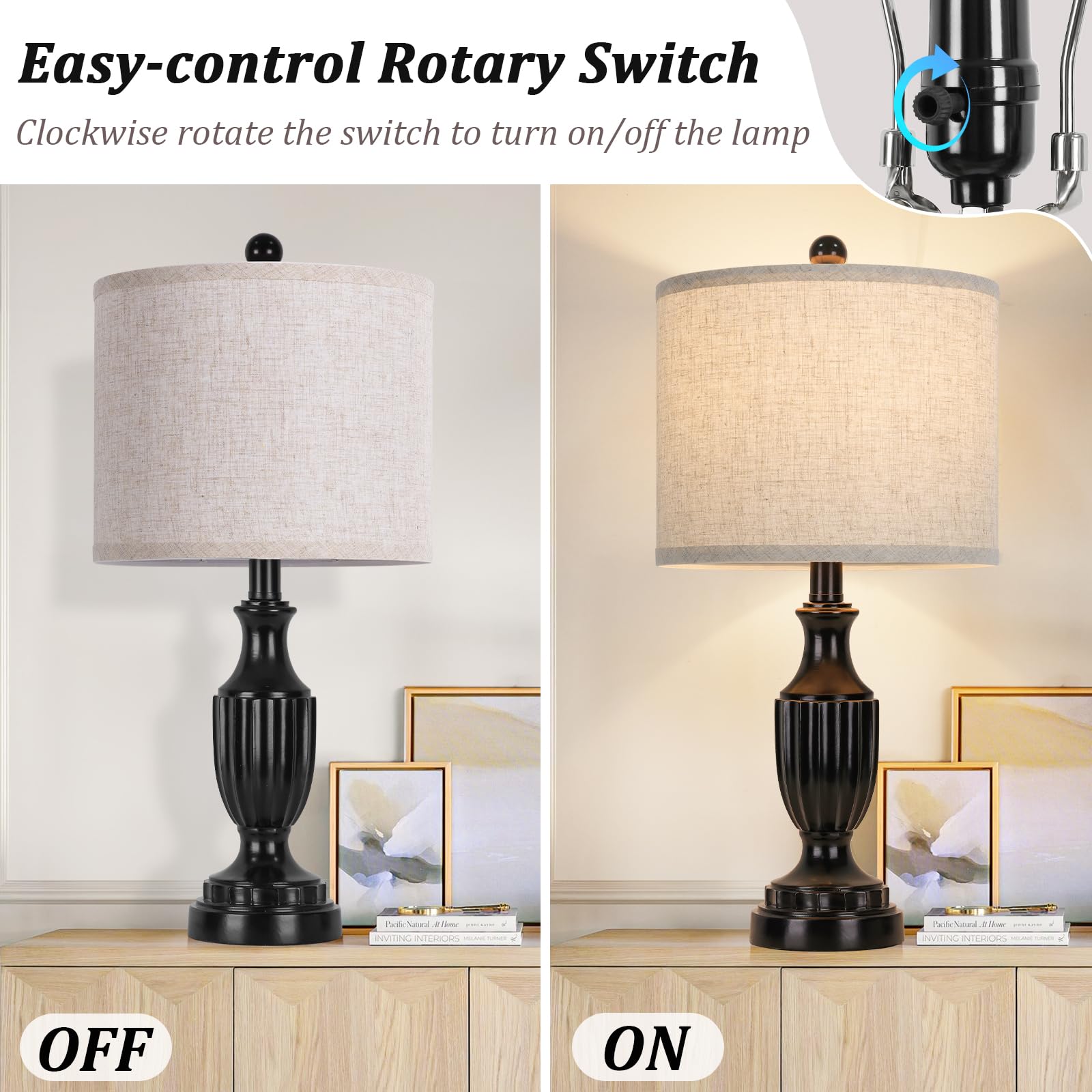 Tobusa Farmhouse Living Room Table Lamps Set Of 2, Matte Black Rustic Vintage Table Lamps For Bedroom Nightstand, Antique Bedside Desk Lamps With Linen Shade, 22’’ Small Resin Lamp Sets For End Table