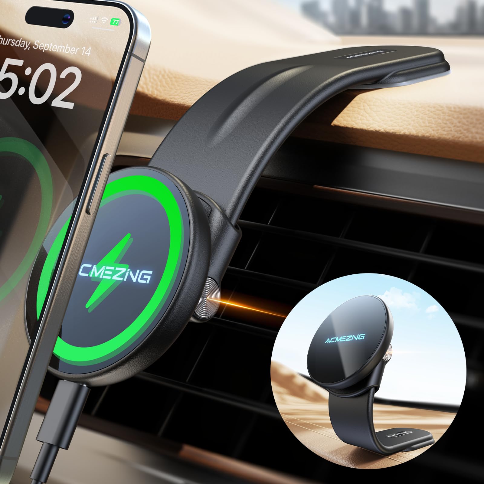 Acmezing 15W Only For Iphone Magsafe Car Mount Charger, 360% Adjustable Aluminum Alloy Arm, Relocatable Car Phone Holder, Magnetic Wireless Fast Charging, Cell Phone Holder For All Car Models, Black