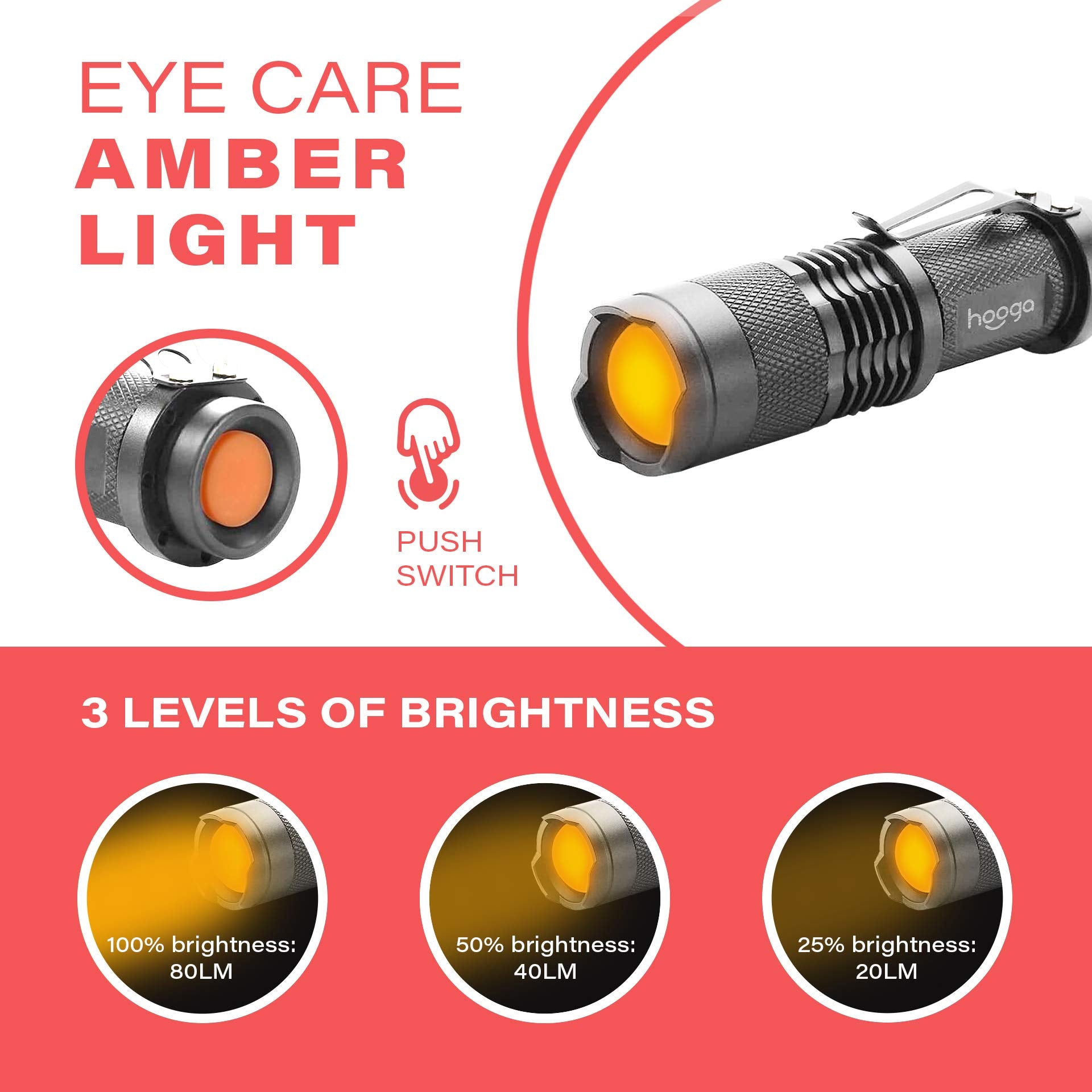 Hooga Led Flashlight, Blue Light Blocking, Amber Flashlight 1600K Warm Light For Eye Care, Sleep Aid. Aa Battery Included. Adjustable Brightness. Great For Hunting, Camping, Aviation. 2-Pack