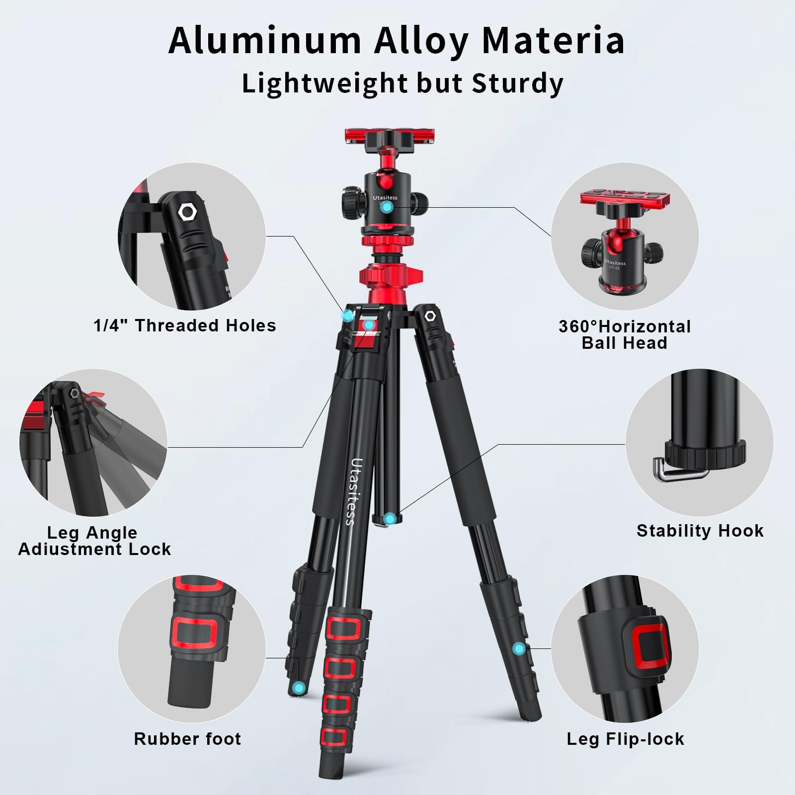 Utanispee 68" Foldable Aluminum Alloy Camera Tripod And Monopod 2-In-1, With 360°Adjustable Ball Head Detachable，Light Travel Tripod For Camera And Phones