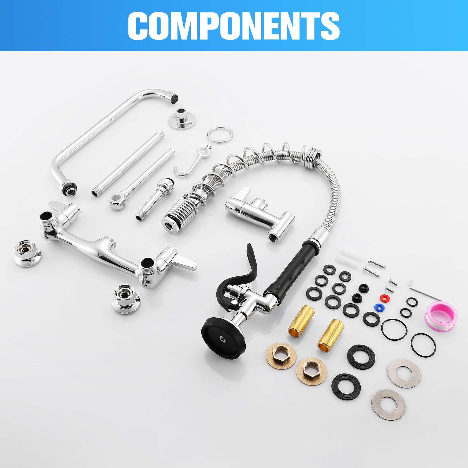 Aplwy Commercial Kitchen Faucet Wall Mount With Pre-Rinse Sprayer 26" Height 8 Inch Center Wall Mount Kitchen Sink Faucet With Pull Down Spray And 12" Add-On Spout