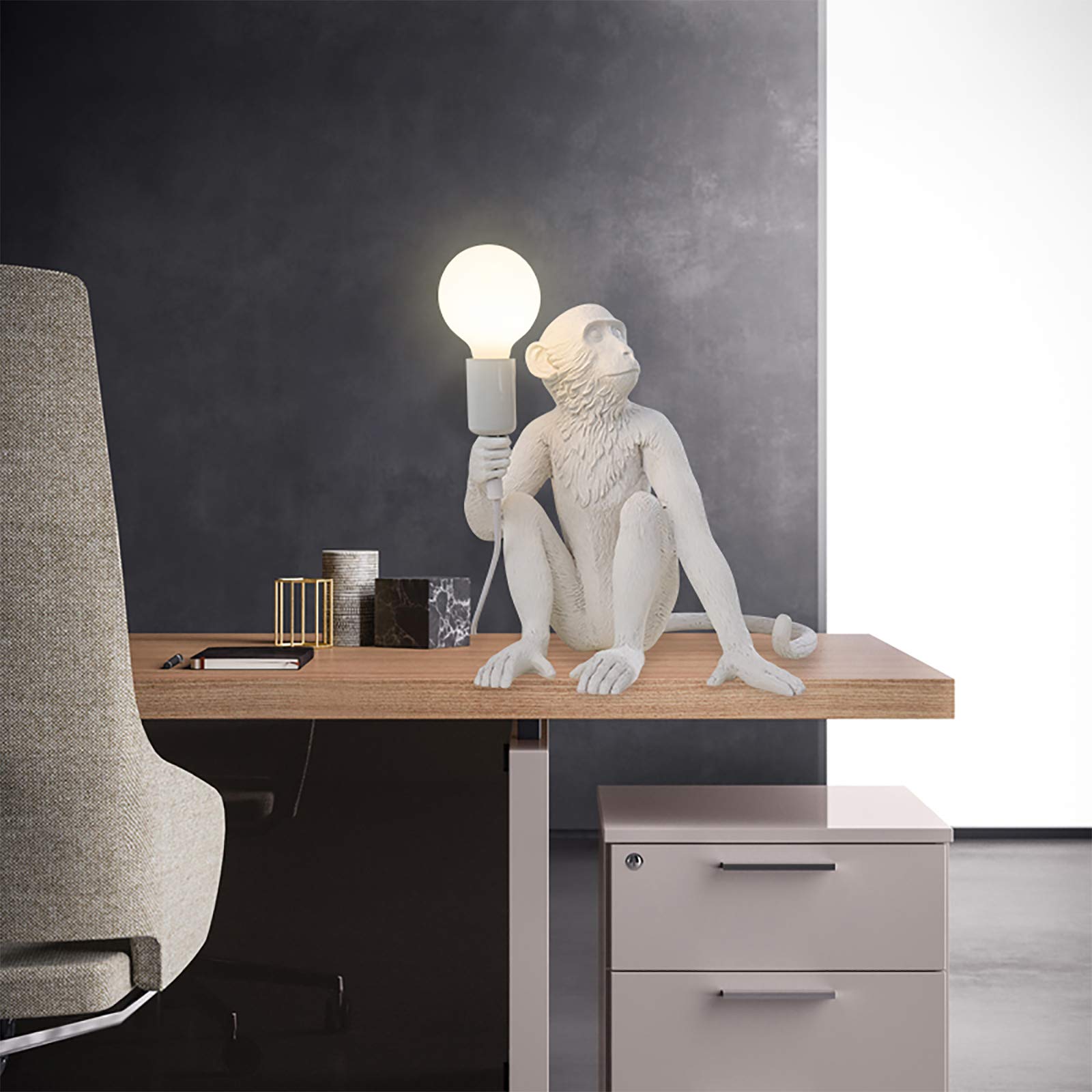 Tiardocge Modern Table Light, Resin Sitting Monkey Desk Lamp, Animal Bedside Led Light For Living Room, Bedroom, Kids Room, Office, College Dorm (White)